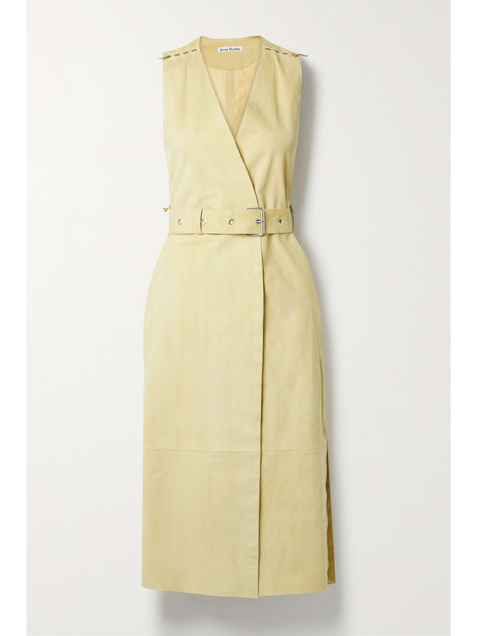 Pastel yellow Whipstitched belted suede midi wrap dress | ACNE STUDIOS |  NET-A-PORTER