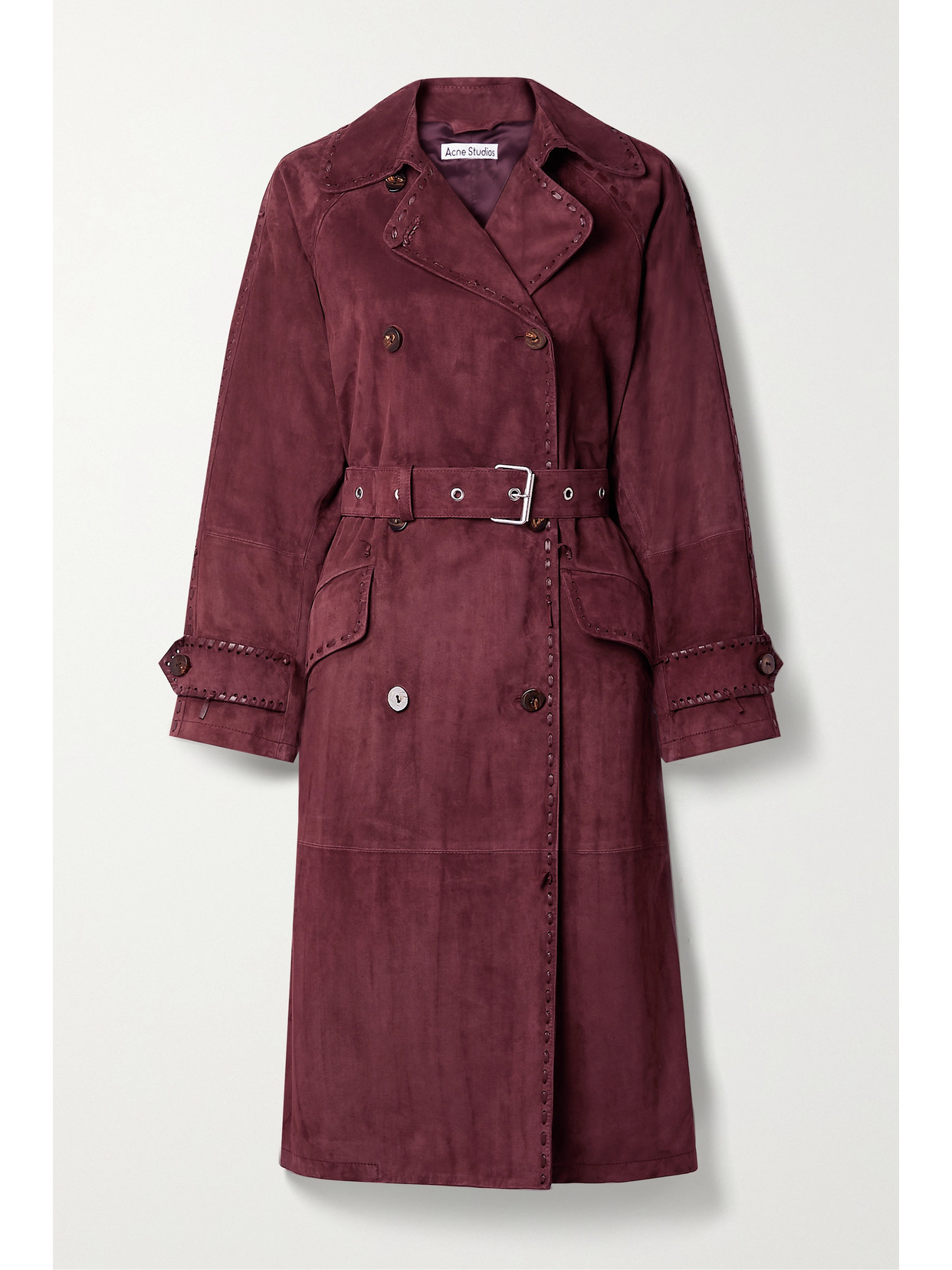 Acne Studios Whipstitched Belted Suede Trench Coat In Purple