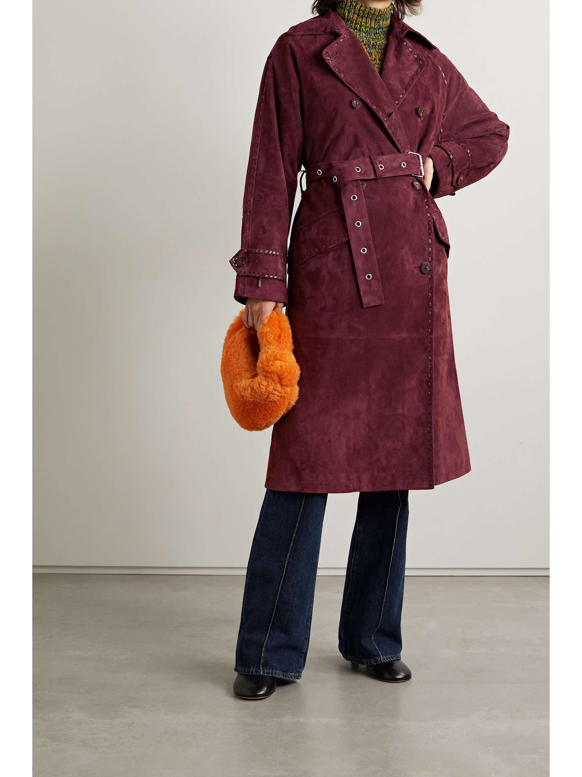 ACNE STUDIOS Whipstitched belted suede trench coat | NET-A-PORTER