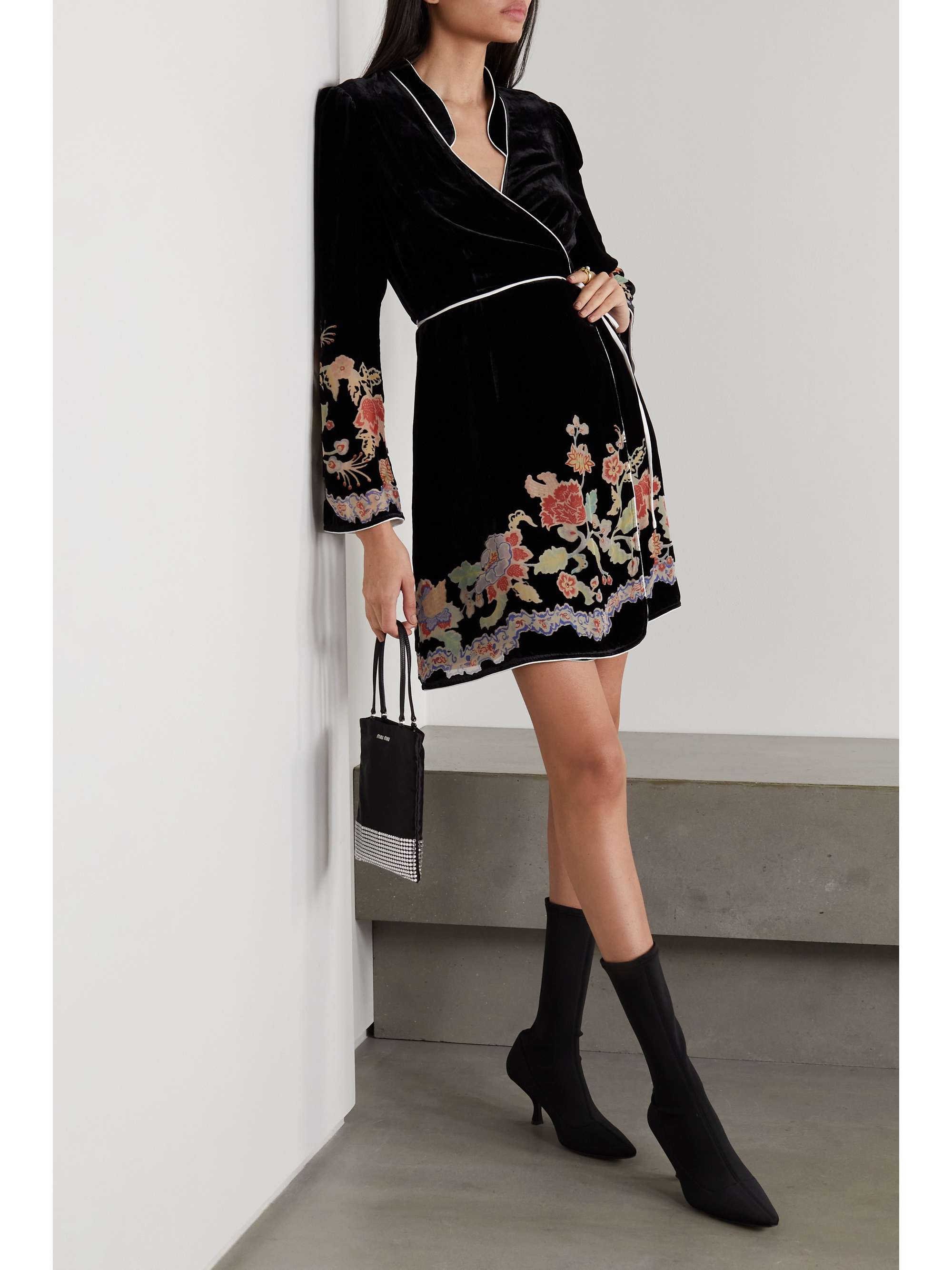 Black Iris floral-print devoré silk-velvet wrap mini dress | RIXO |  NET-A-PORTER