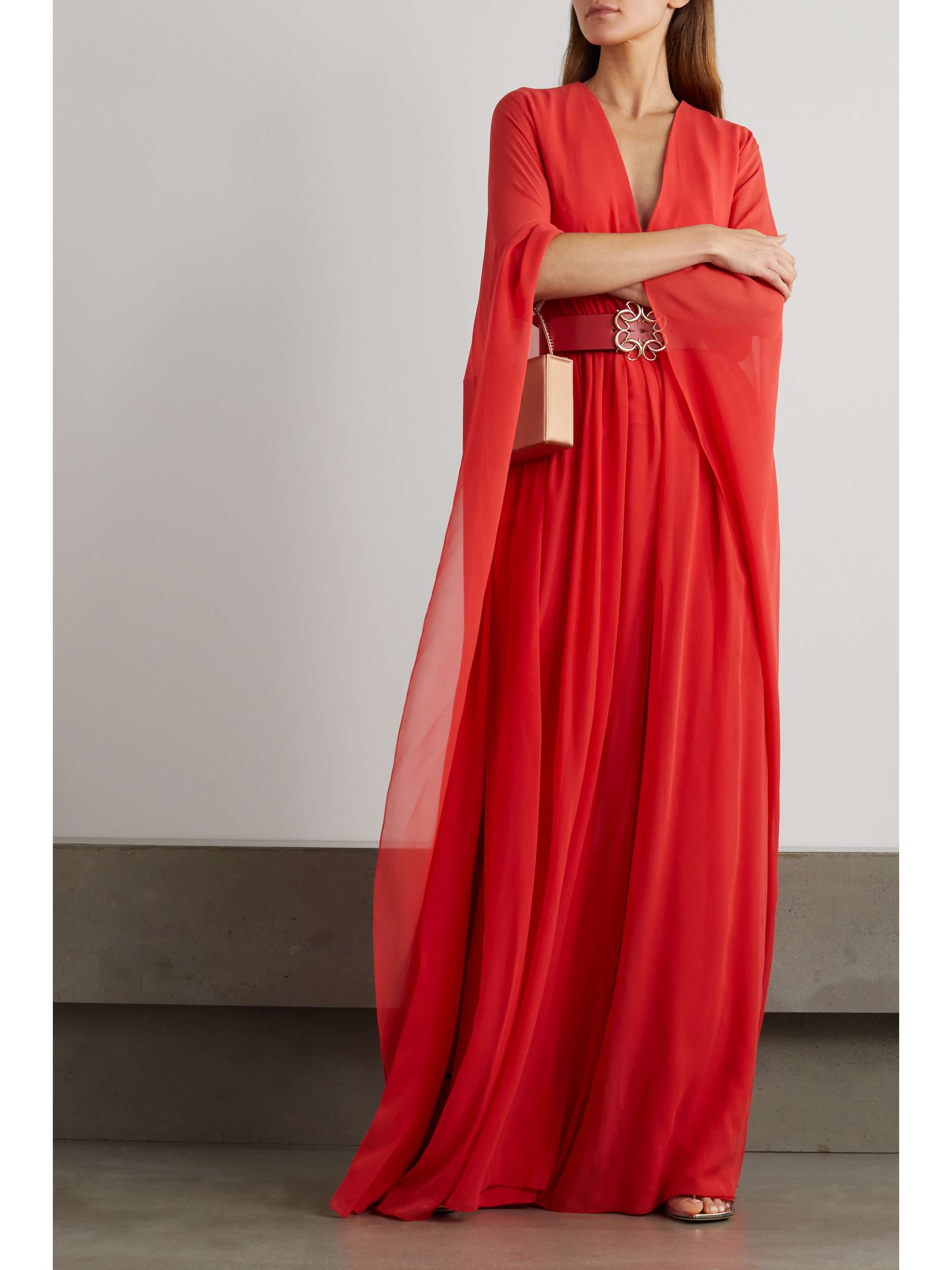 ELIE SAAB Belted draped cape-effect silk-chiffon jumpsuit