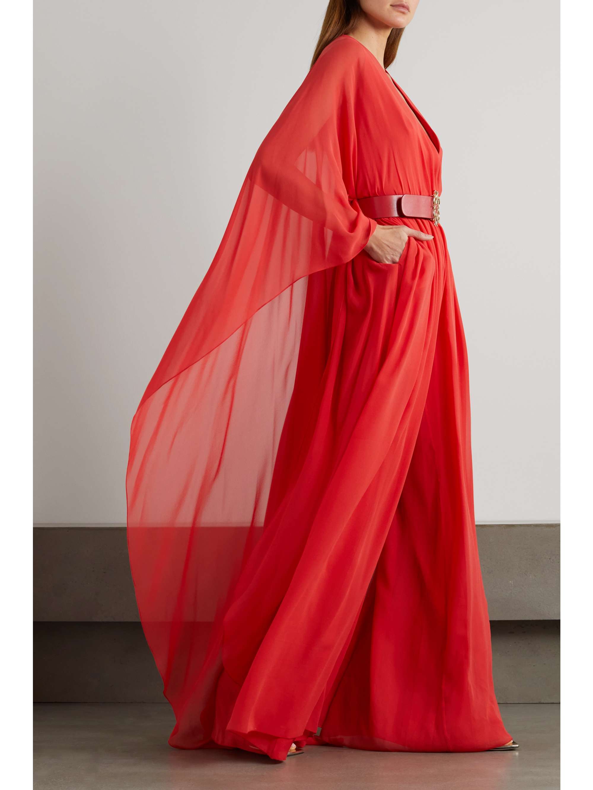 ELIE SAAB Belted draped cape-effect silk-chiffon jumpsuit