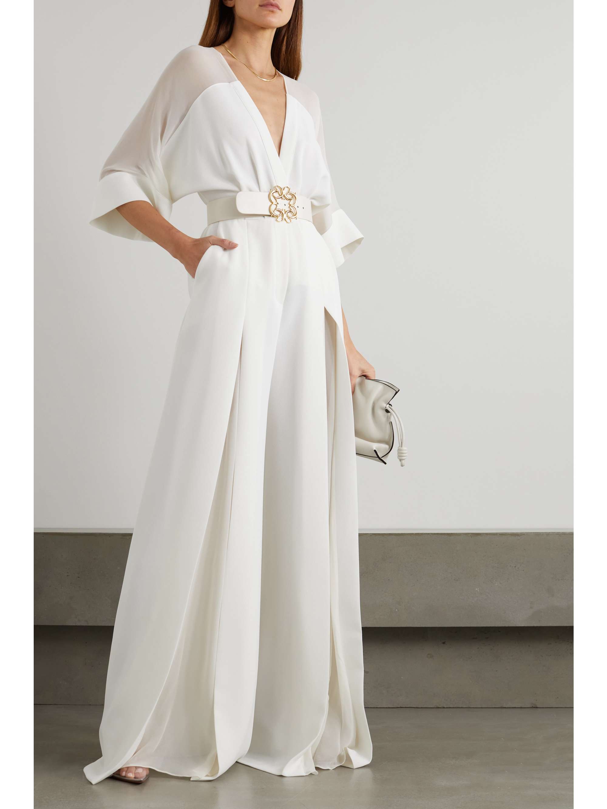 ELIE SAAB Combi-pantalon en crêpe et en georgette de soie à ceinture