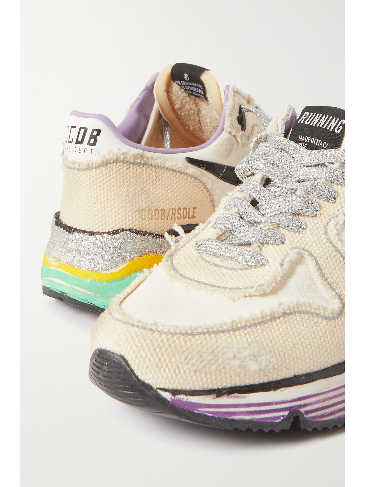 Golden Goose Running Sole Distressed Leather And Canvas Sneakers In Off-white