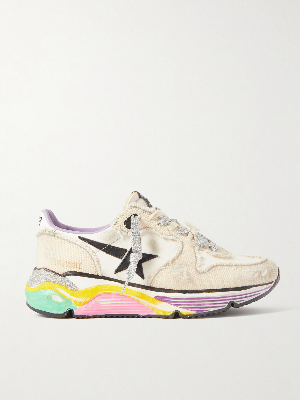 Golden Goose Running Sole Distressed Leather And Canvas Sneakers In Off-white