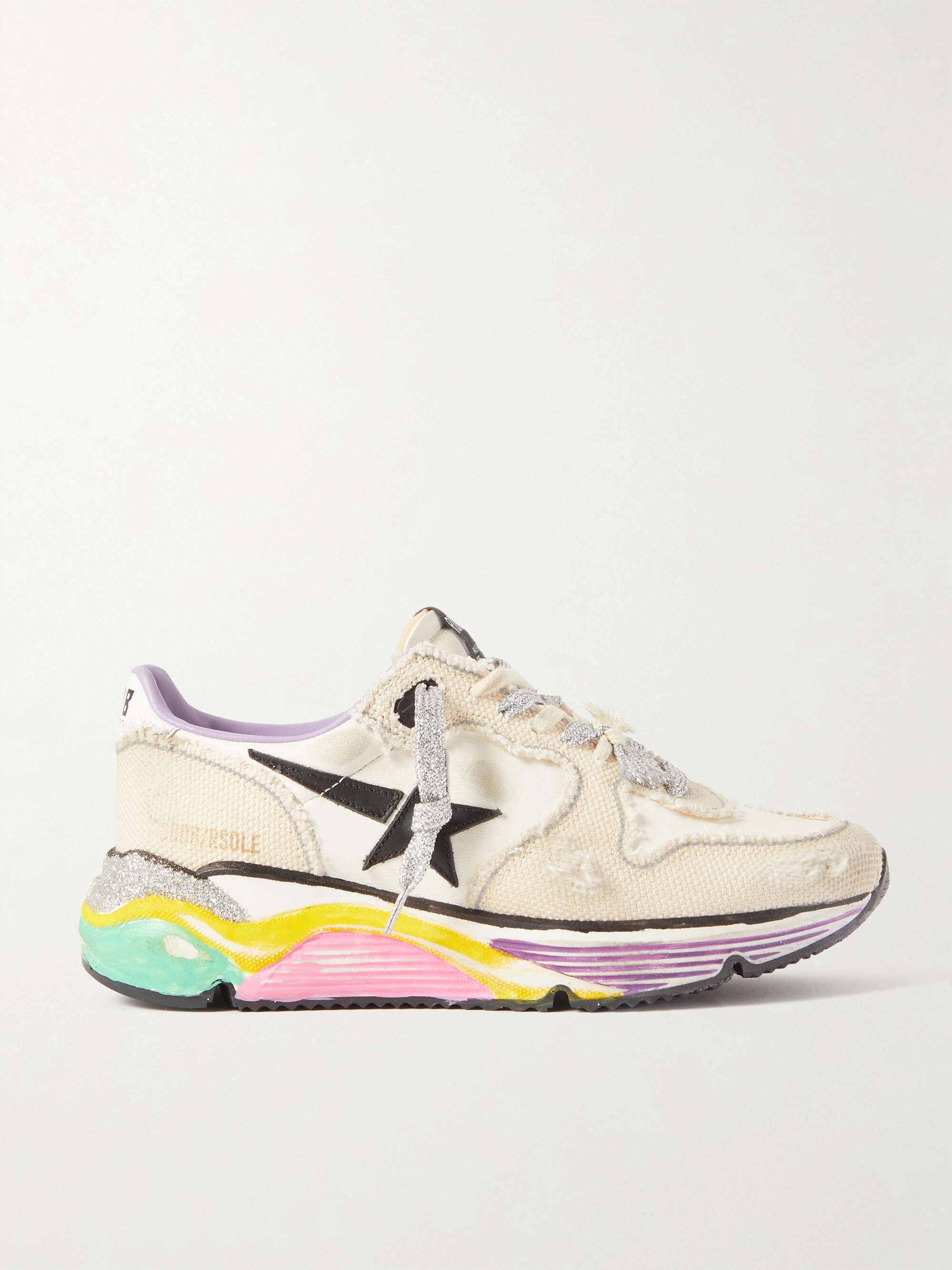 GOLDEN GOOSE Running Sole distressed leather and canvas sneakers |  NET-A-PORTER