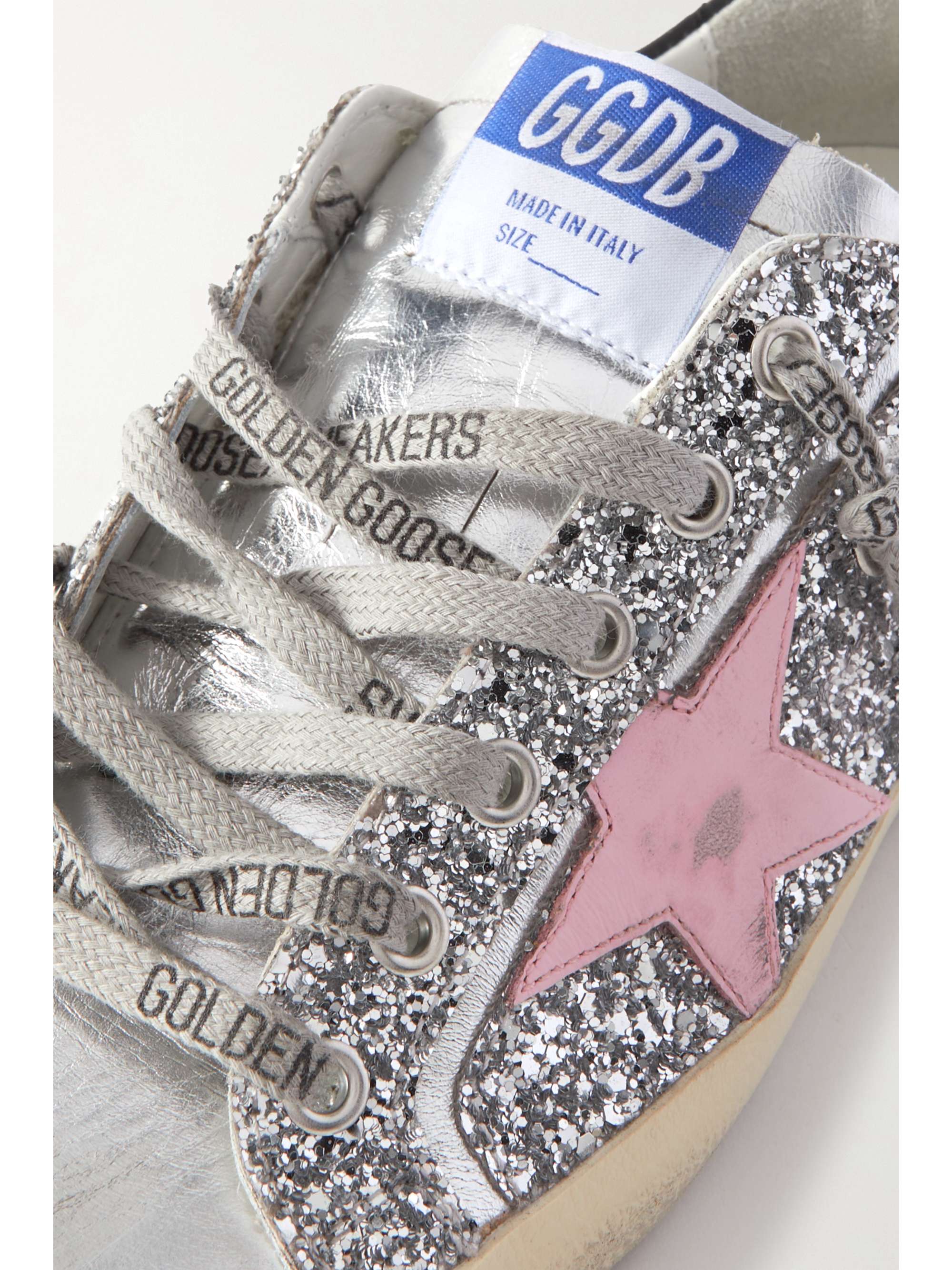 GOLDEN GOOSE Superstar distressed metallic glittered leather sneakers