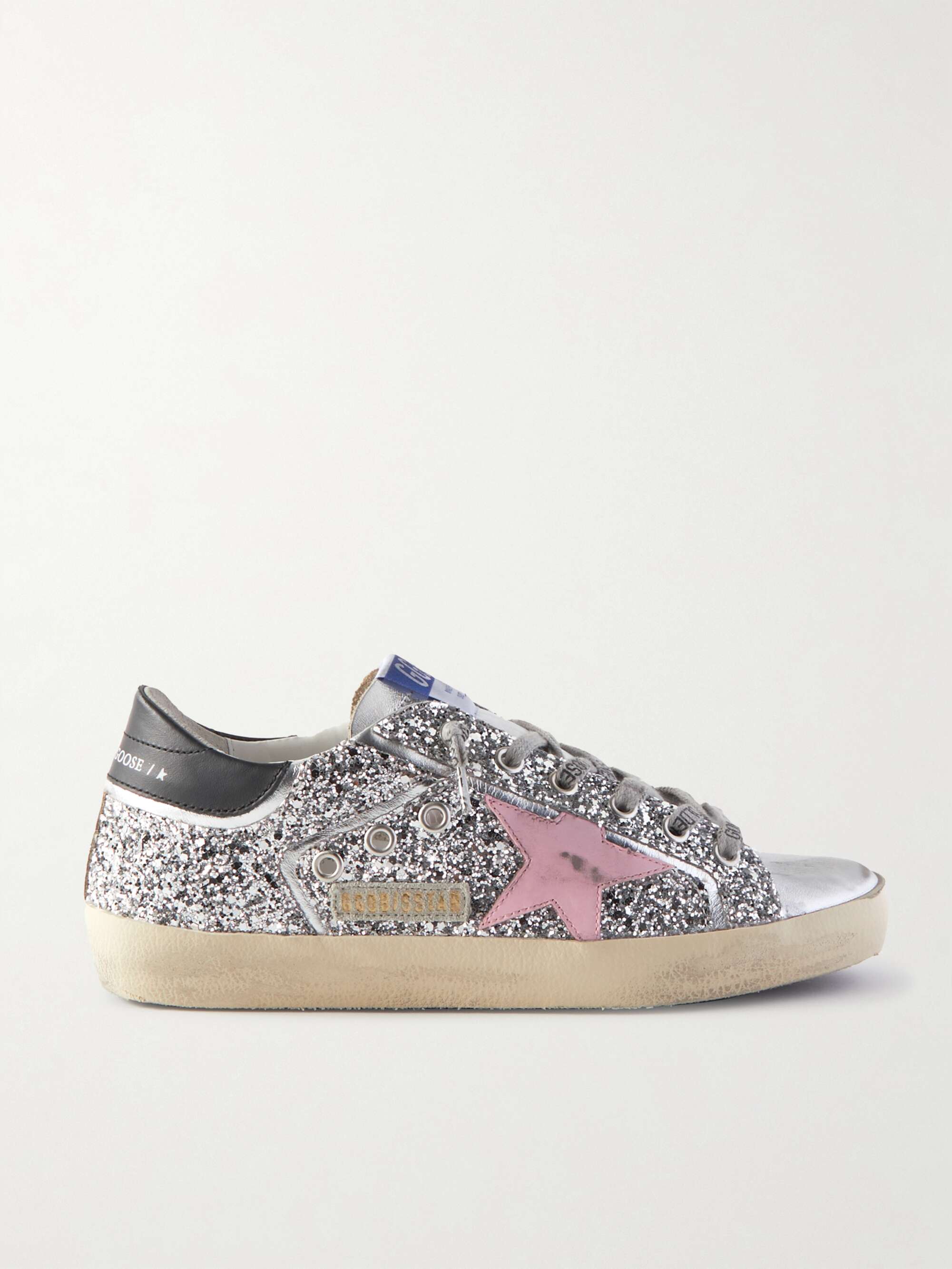 GOLDEN GOOSE Superstar distressed metallic glittered leather sneakers ...