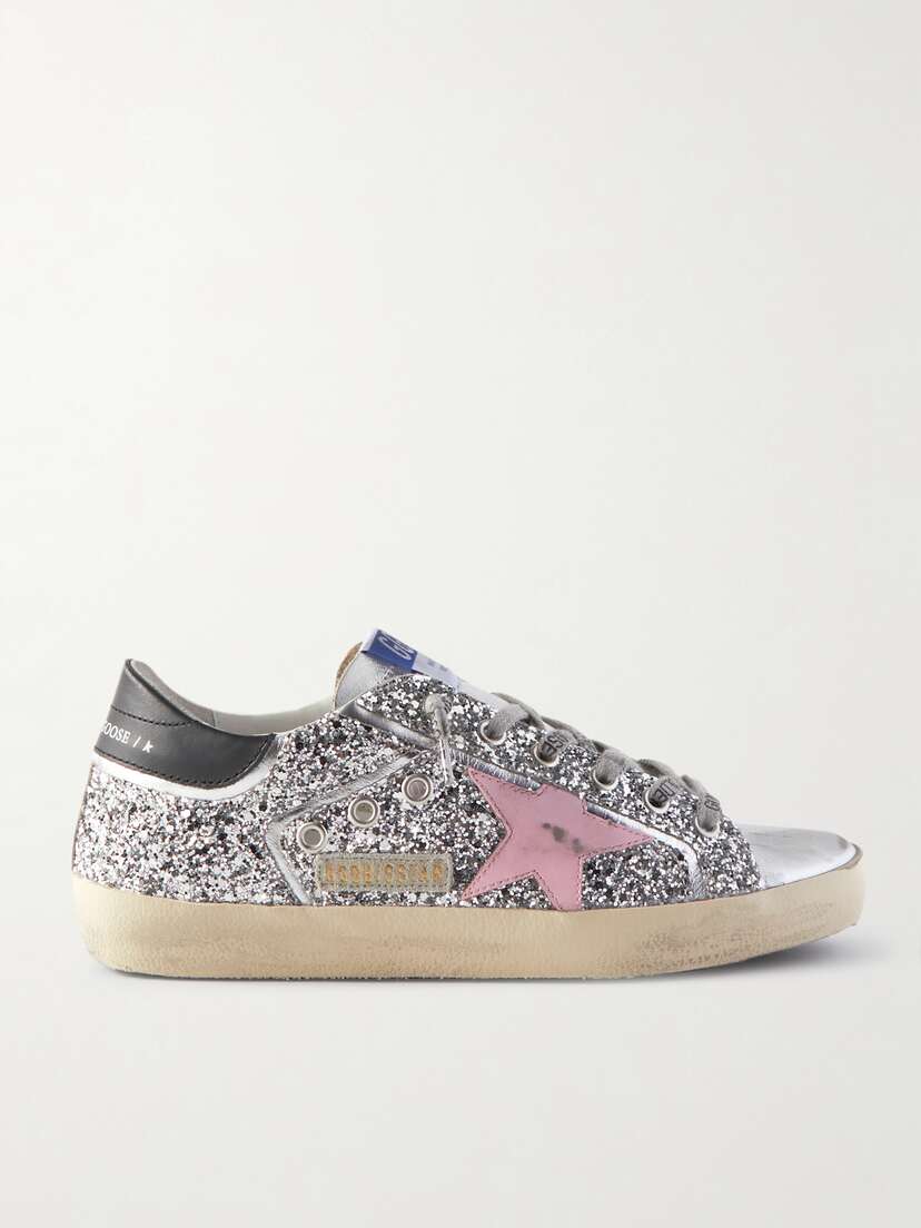 Golden Goose Superstar Distressed Metallic Glittered Leather Sneakers