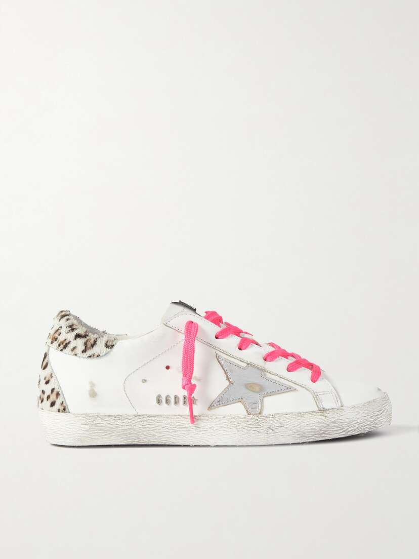 Golden Goose Superstar Leopard-print Calf Hair-trimmed Distressed Leather Sneakers