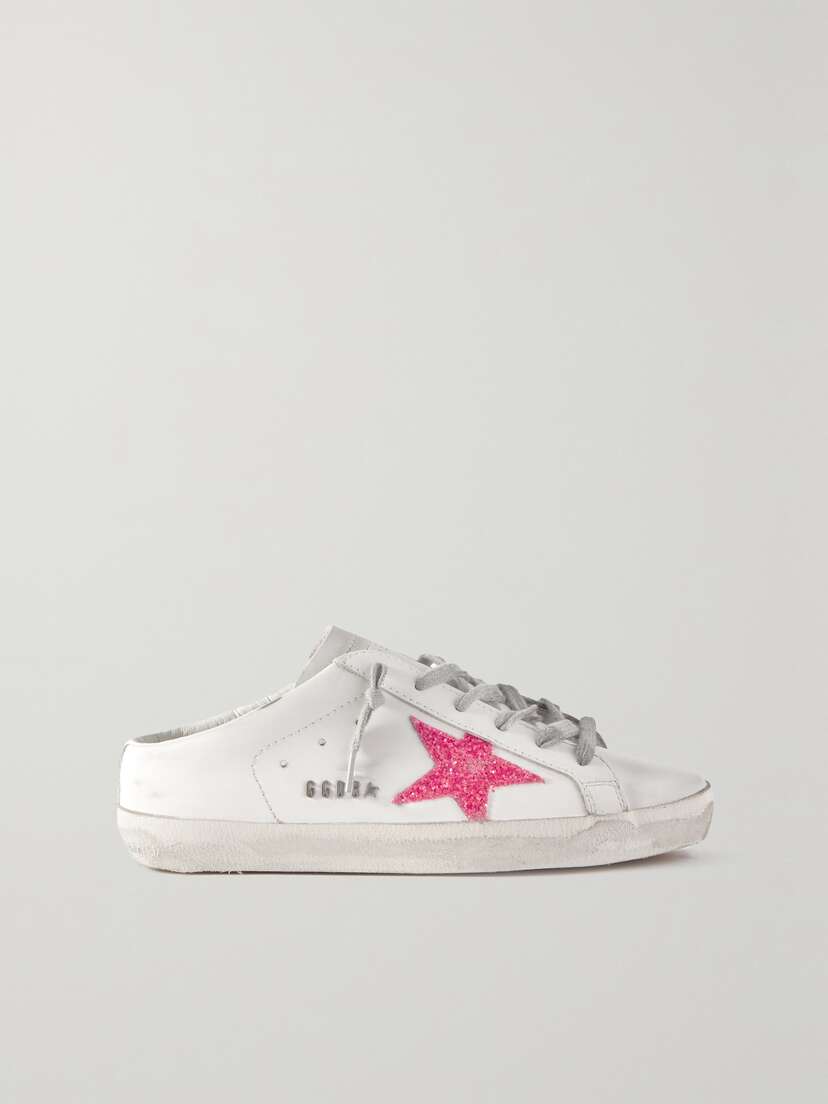 Golden Goose Superstar Distressed Glittered Leather Slip-on Sneakers