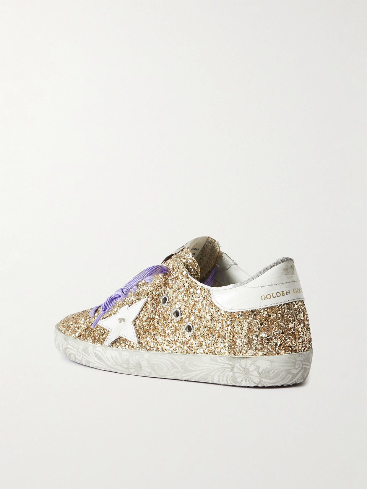 Shop Golden Goose Super-star Distressed Glittered Leather Sneakers In Gold