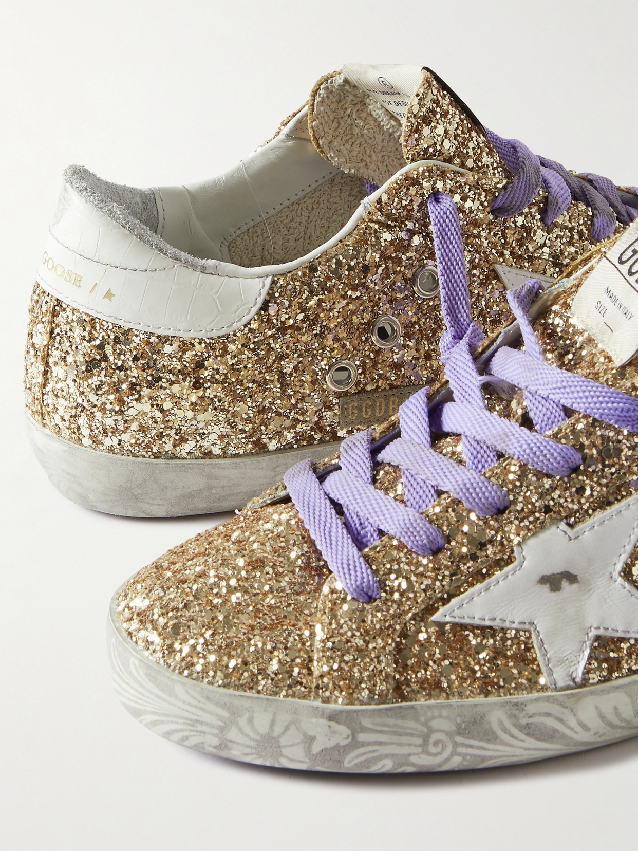 Shop Golden Goose Super-star Distressed Glittered Leather Sneakers In Gold