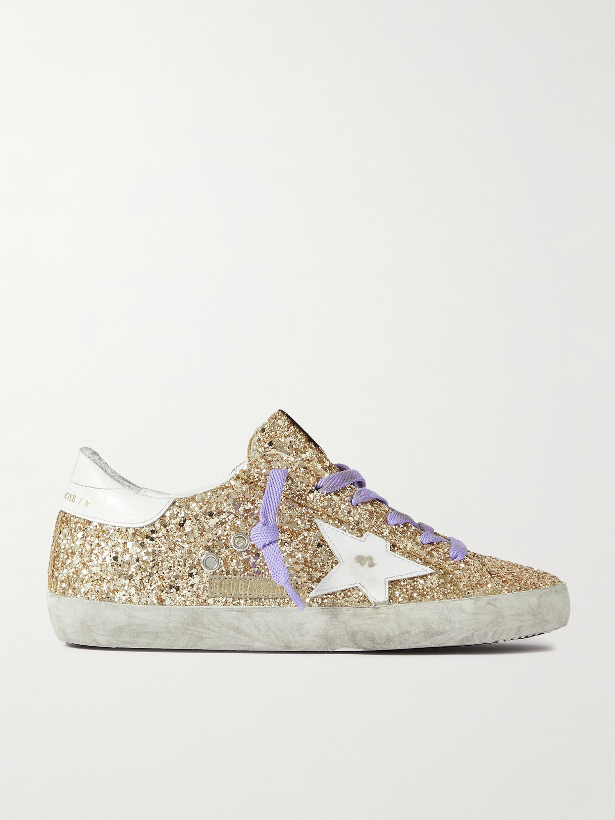 Golden Goose Super-star Distressed Glittered Leather Trainers In Gold