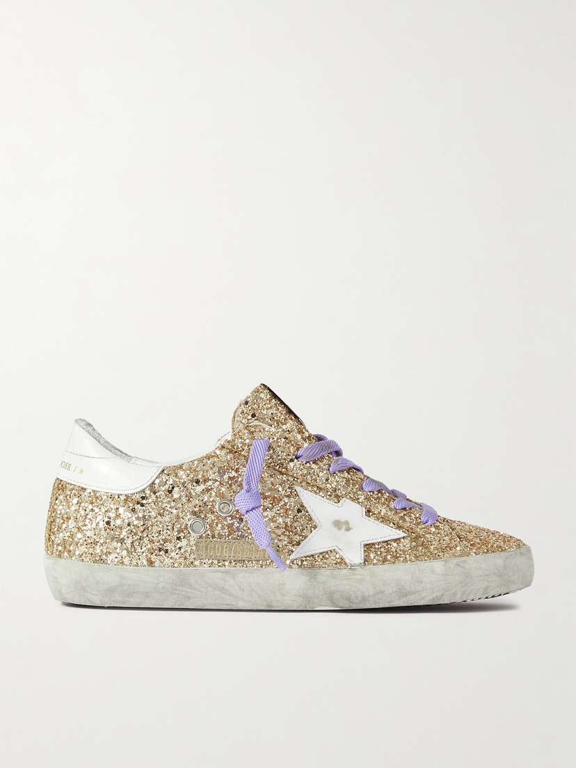 Golden Goose Super-star Distressed Glittered Leather Sneakers