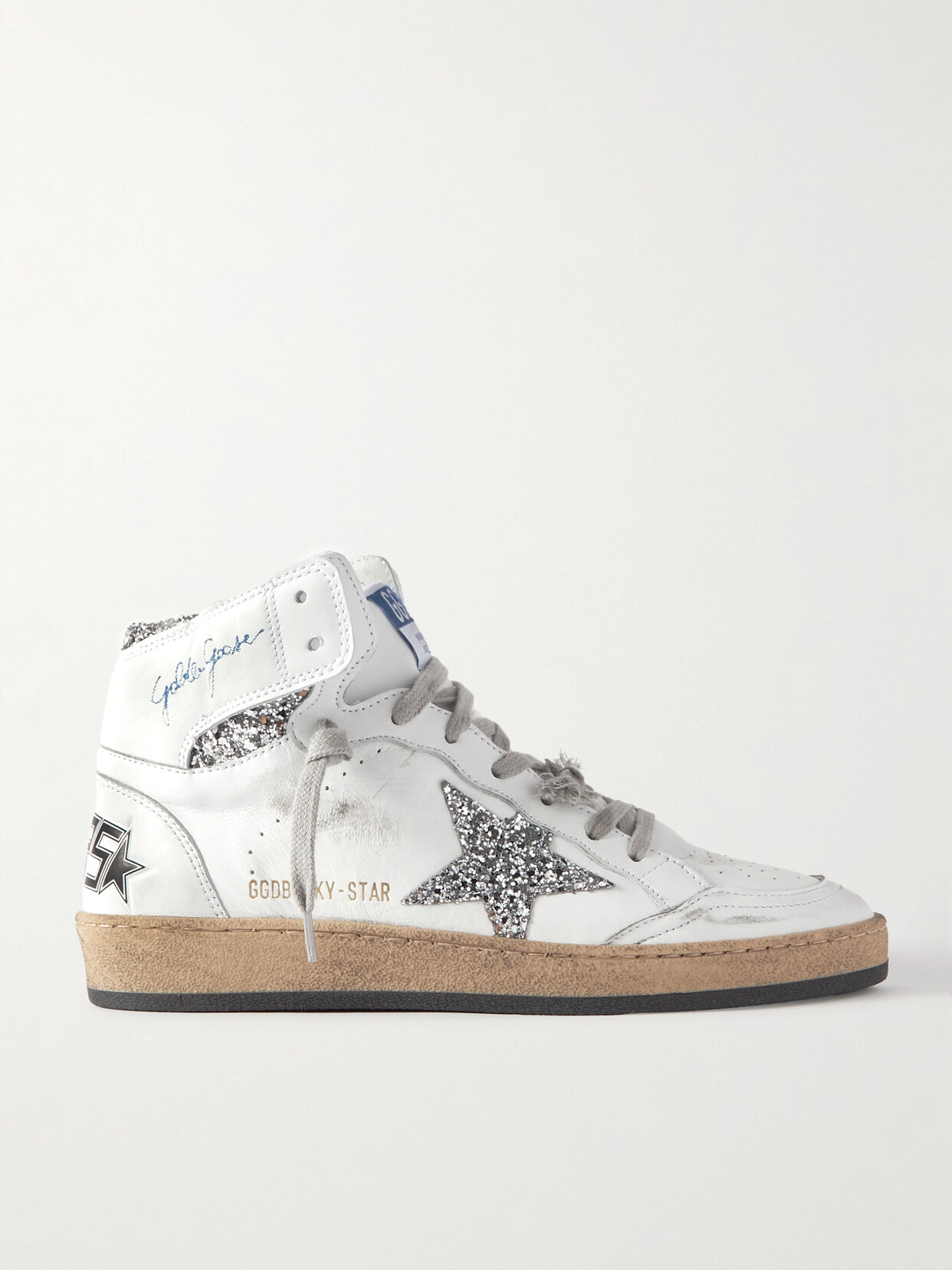 Shop Golden Goose Sky-star Distressed Glittered Leather High-top Sneakers In Off-white