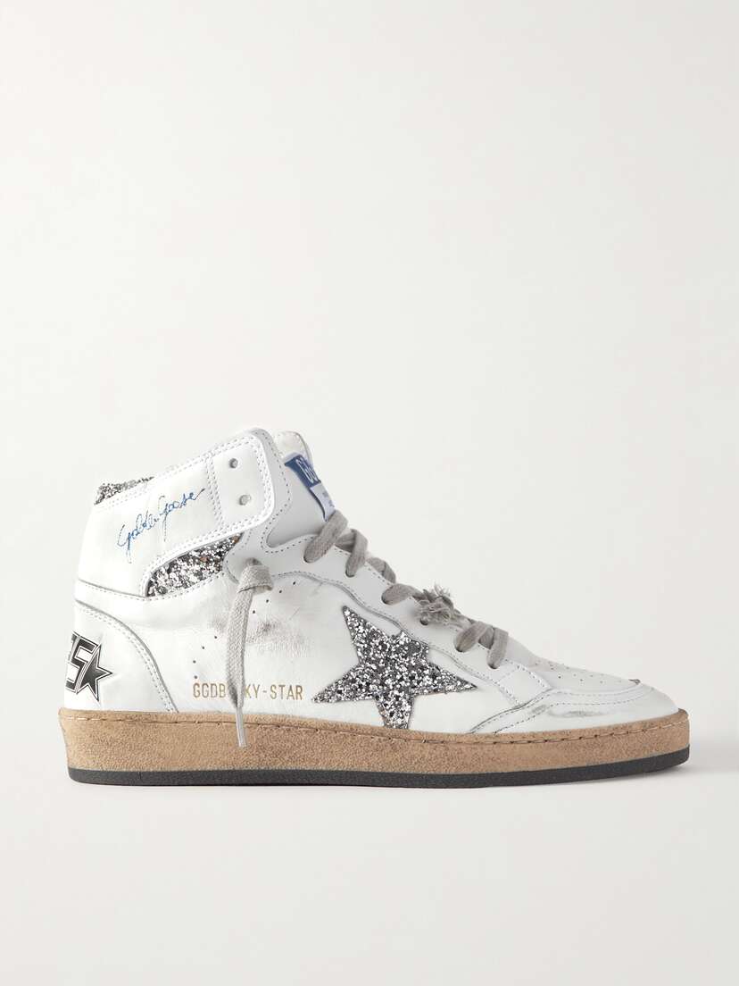 Golden Goose Sky-star Distressed Glittered Leather High-top Sneakers