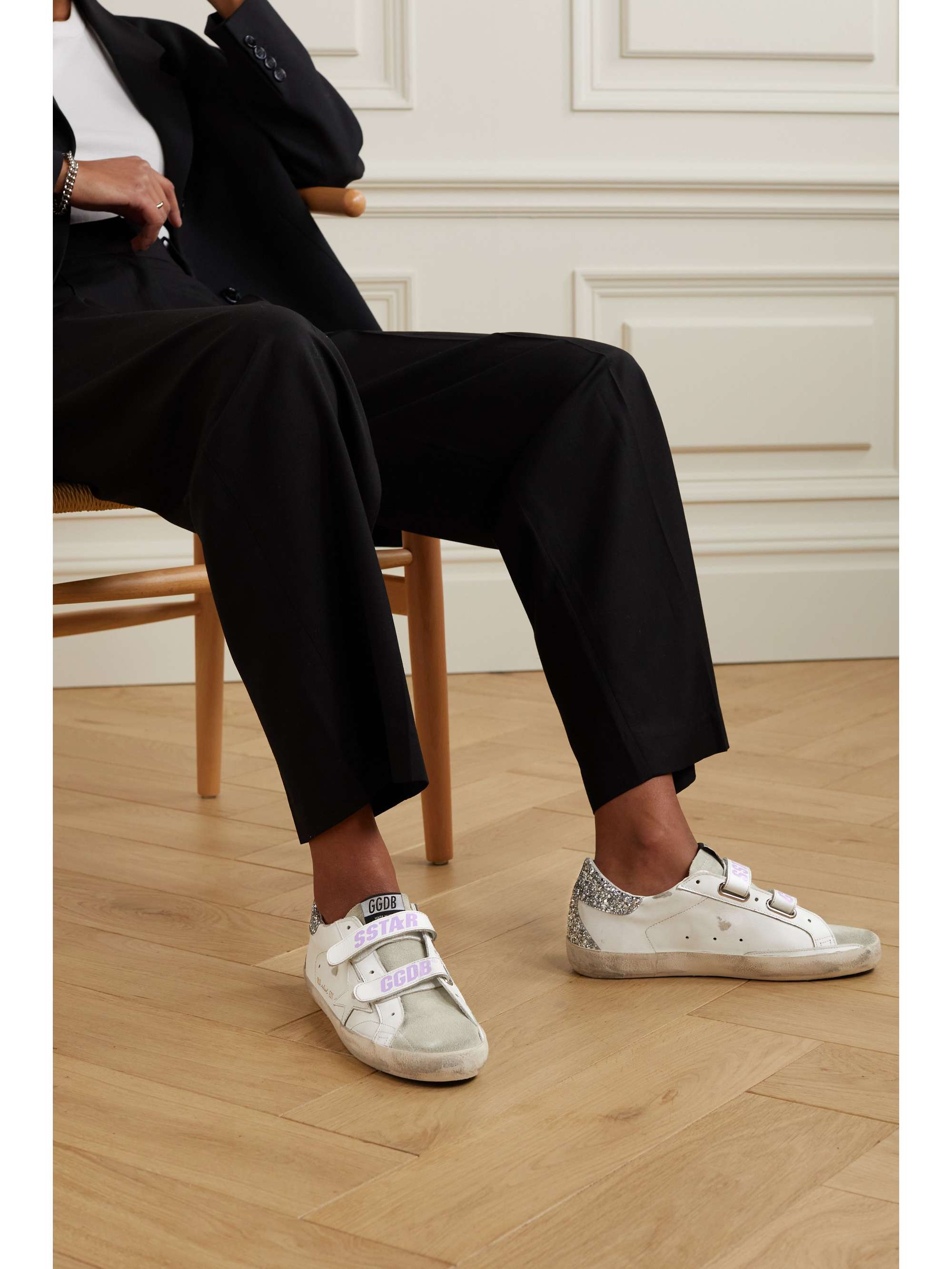 GOLDEN GOOSE Old School shearling-lined distressed glittered leather sneakers