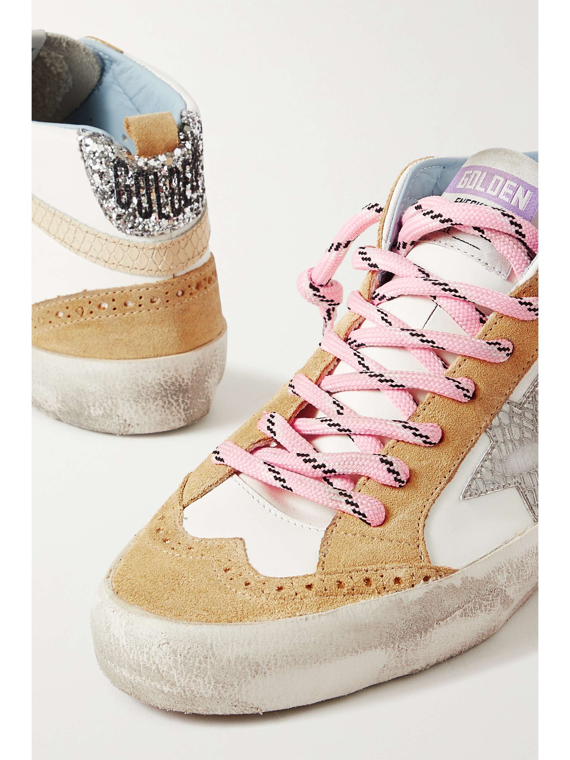 GOLDEN GOOSE Mid Star embellished distressed leopard-print calf hair, leather and suede sneakers
