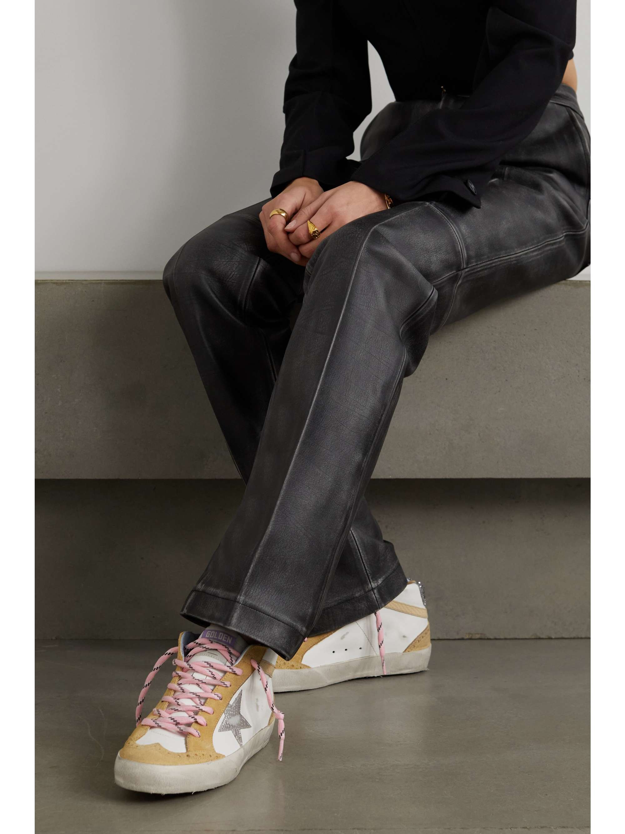 GOLDEN GOOSE Mid Star embellished distressed leopard-print calf hair, leather and suede sneakers