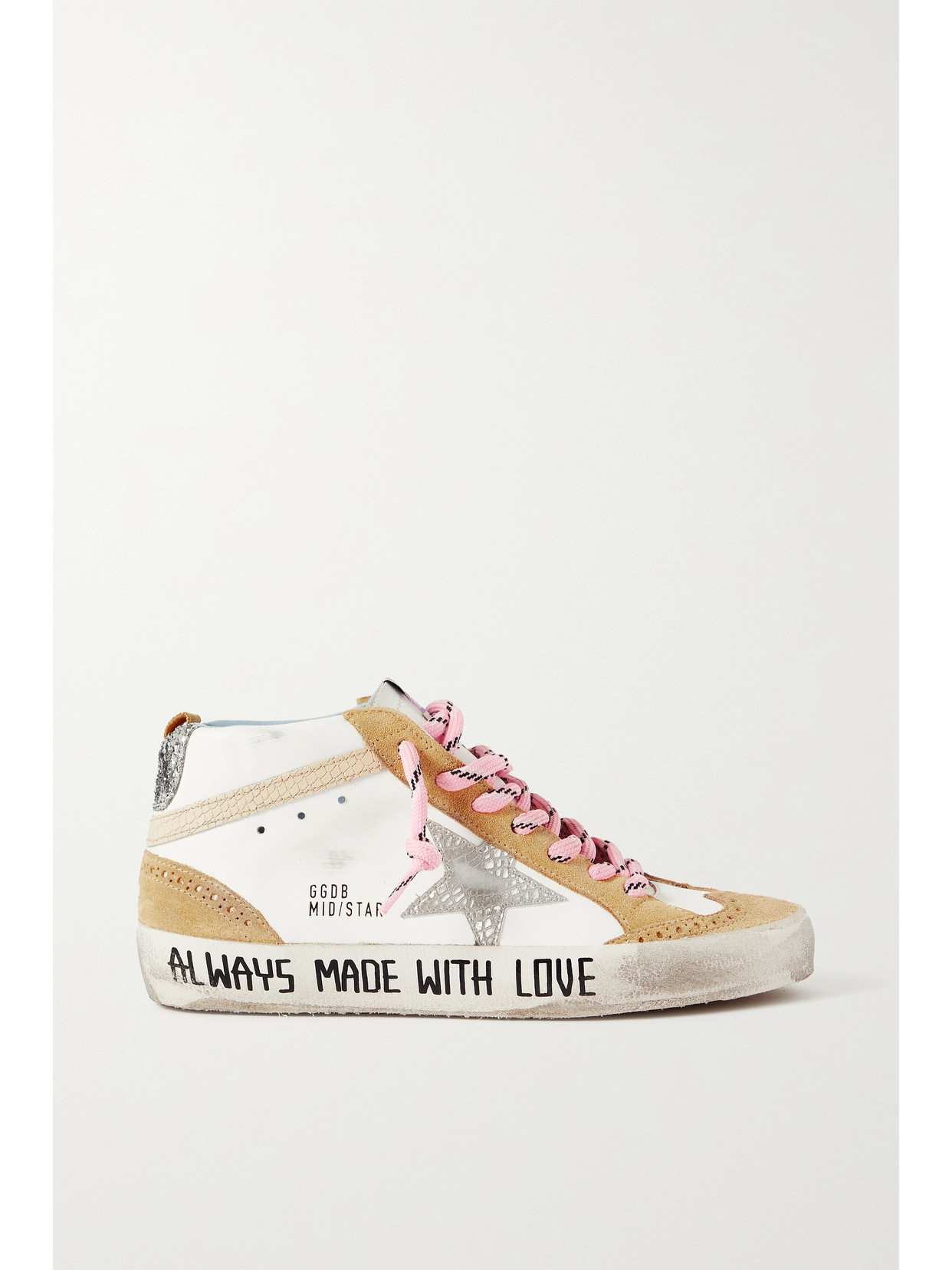 Golden Goose Mid Star Distressed Glittered Leather And Suede Sneakers In Off-white