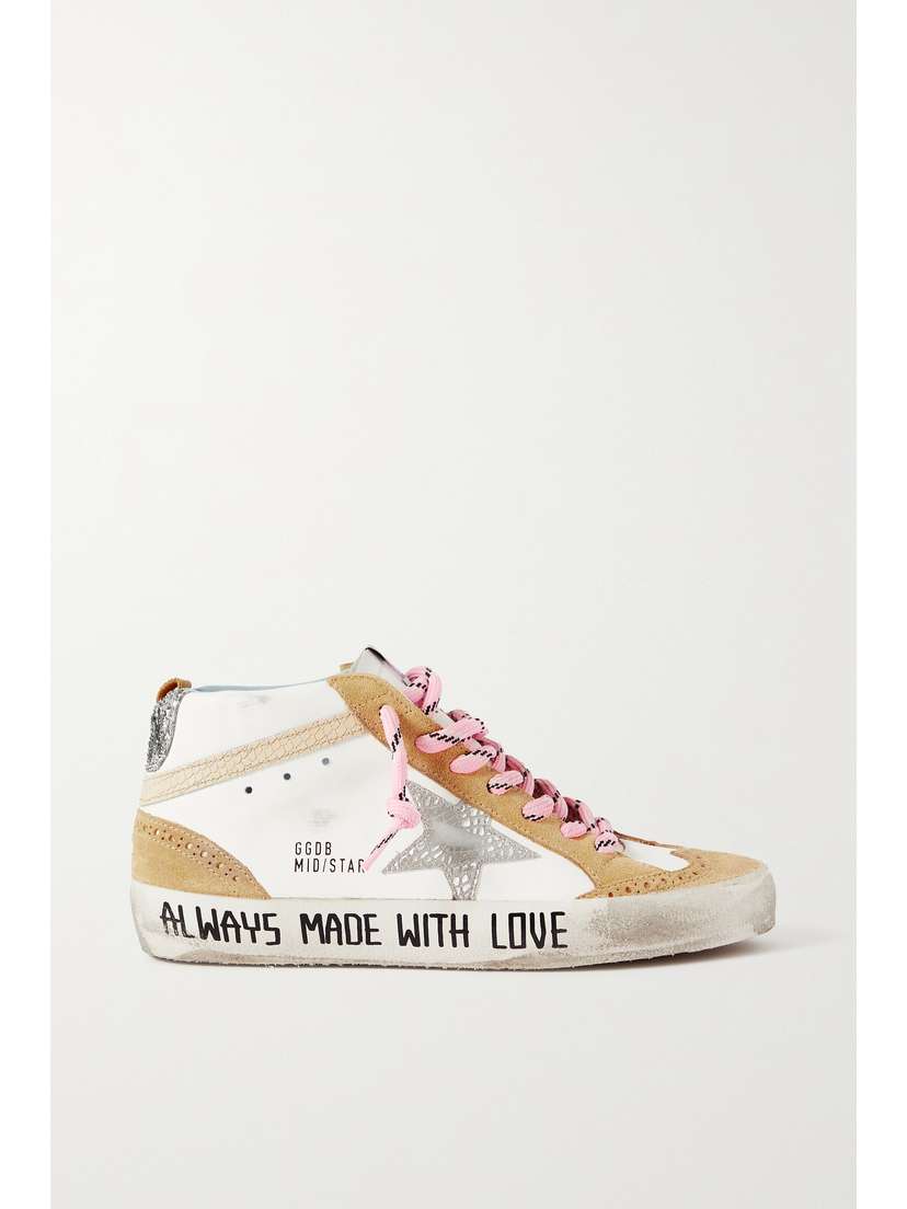 Golden Goose Mid Star Distressed Glittered Leather And Suede Sneakers