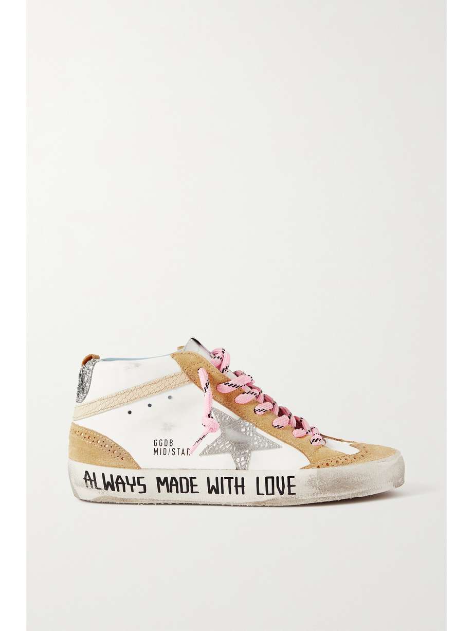 net-a-porter.com | Mid Star distressed glittered leather and suede sneakers