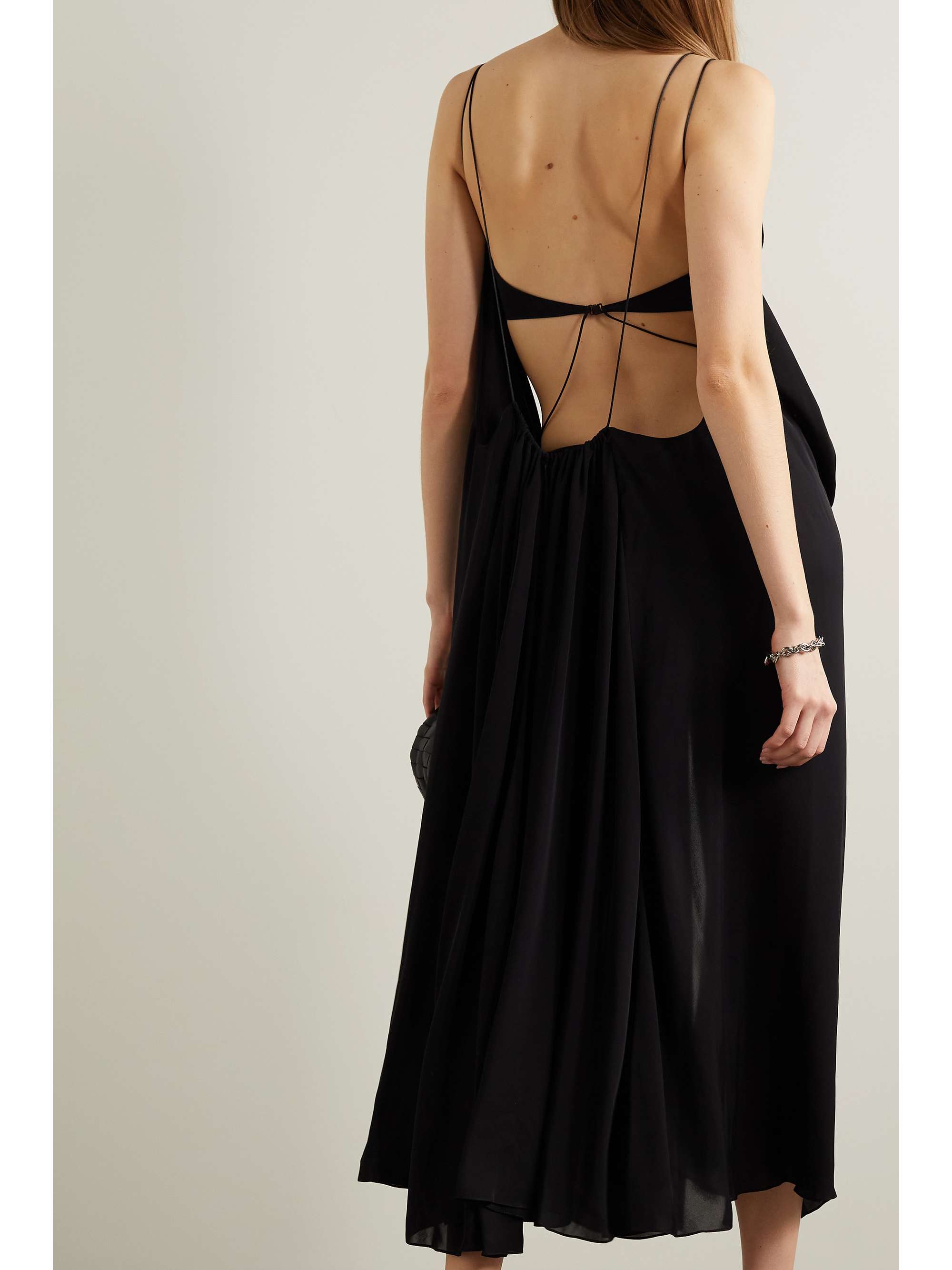 MUGLER Cutout tulle-trimmed crepe de chine midi dress