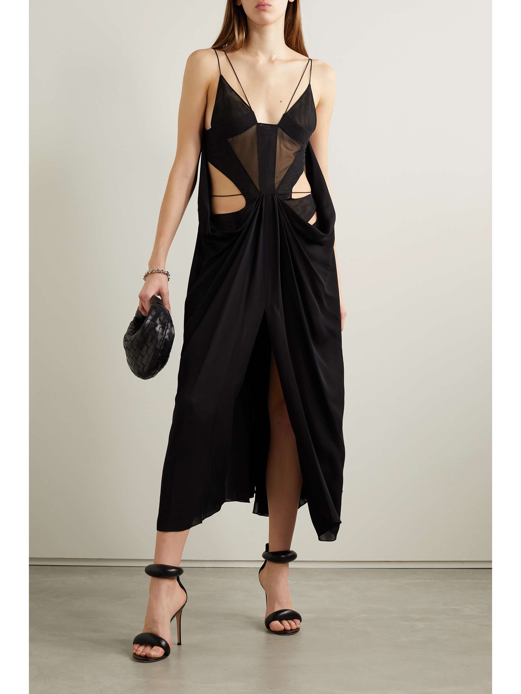 MUGLER Cutout tulle-trimmed crepe de chine midi dress