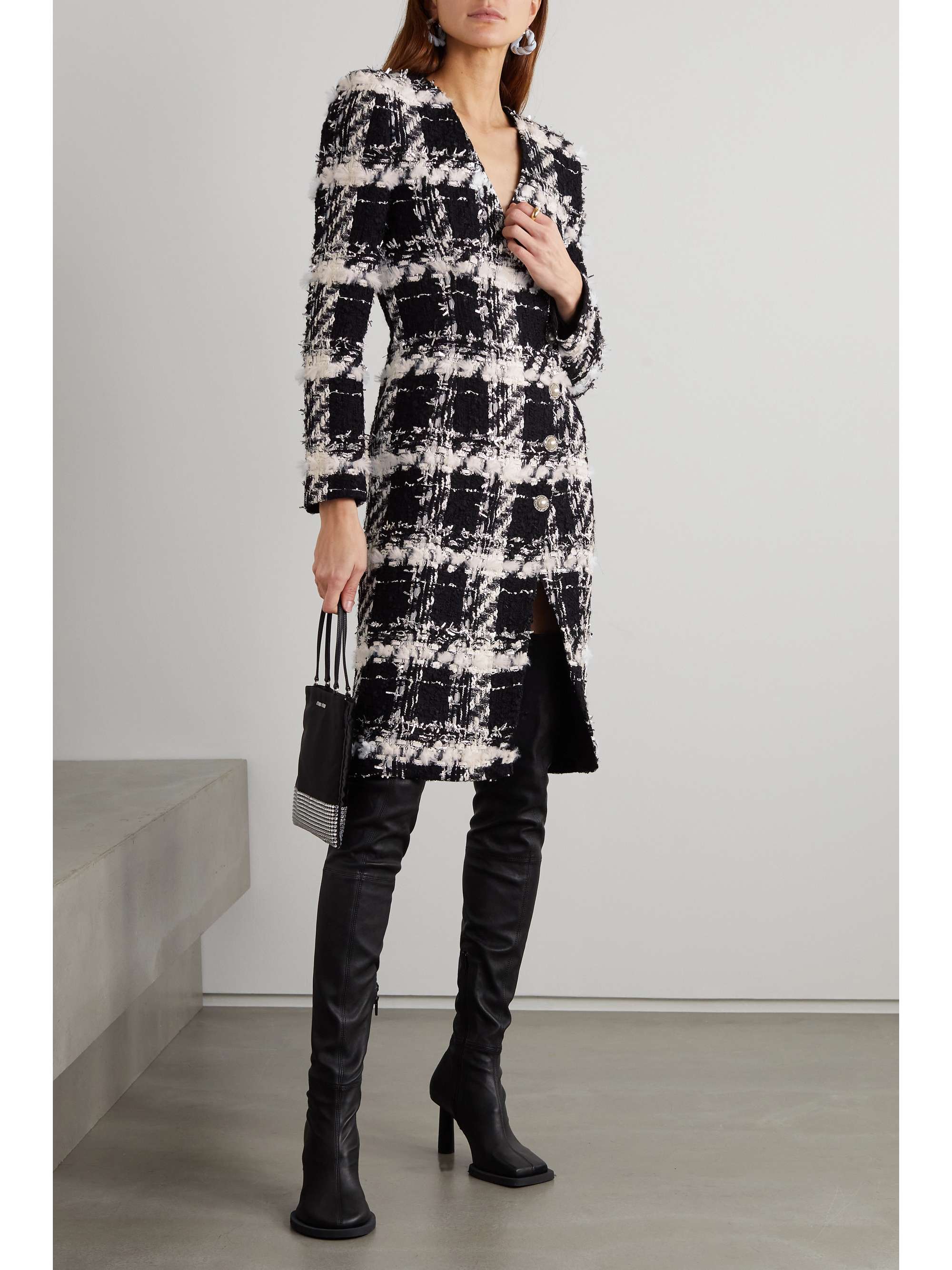 HALPERN Wrap-effect embellished metallic bouclé-tweed dress