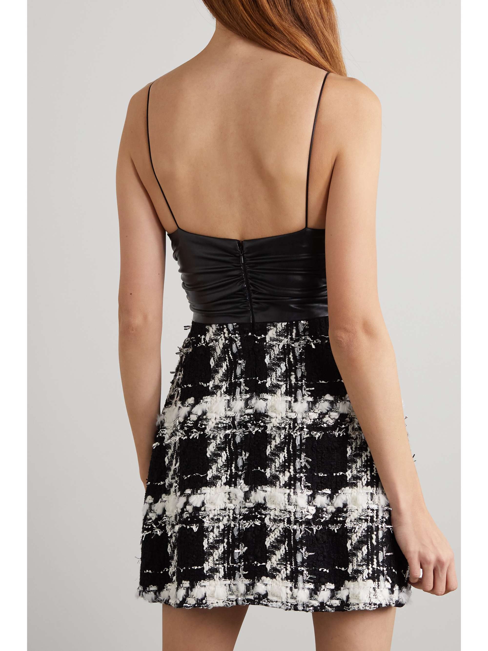 HALPERN Power embellished faux leather and metallic bouclé-tweed mini dress