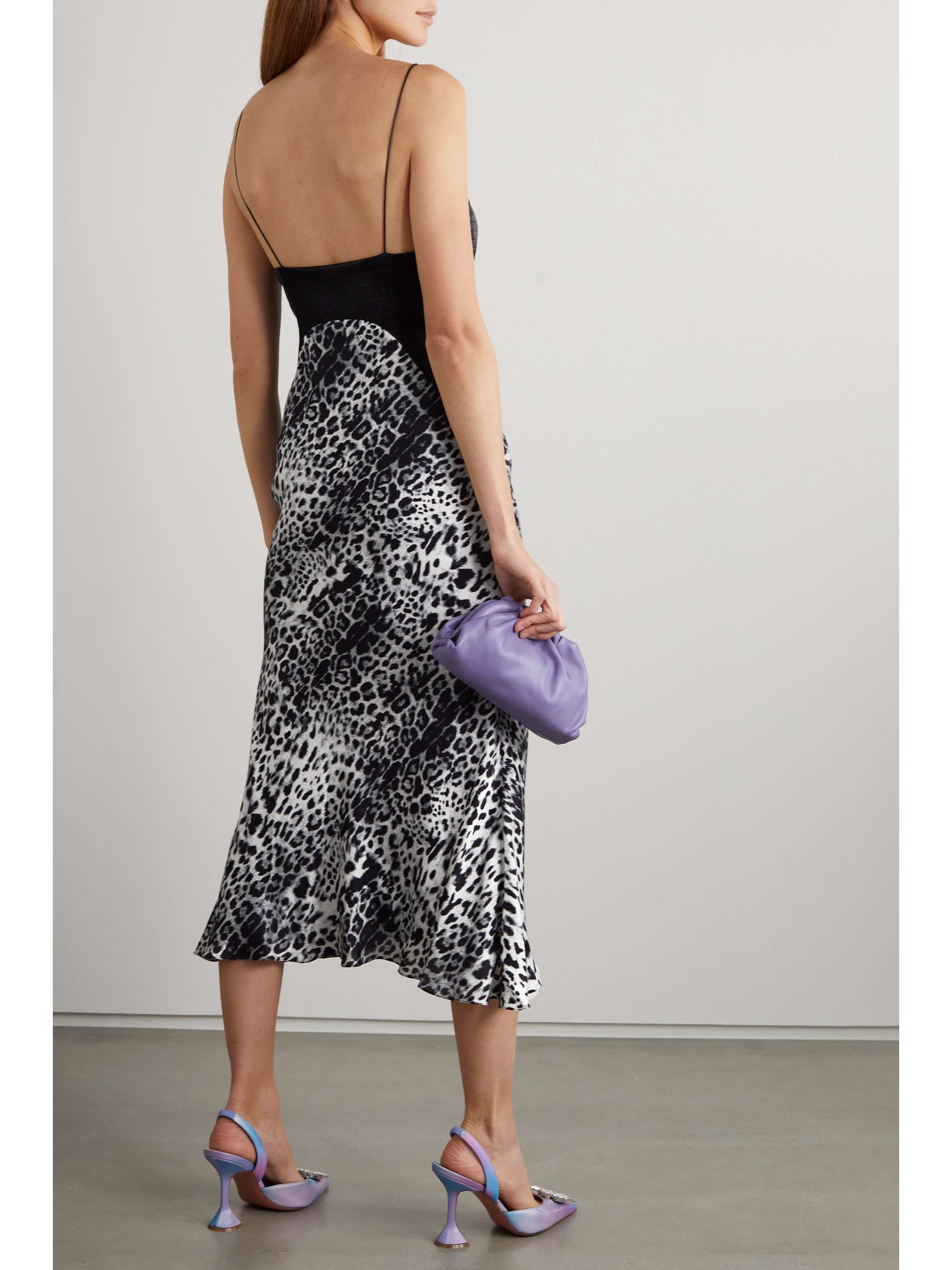 HALPERN Croc-effect faux leather and leopard-print satin midi dress
