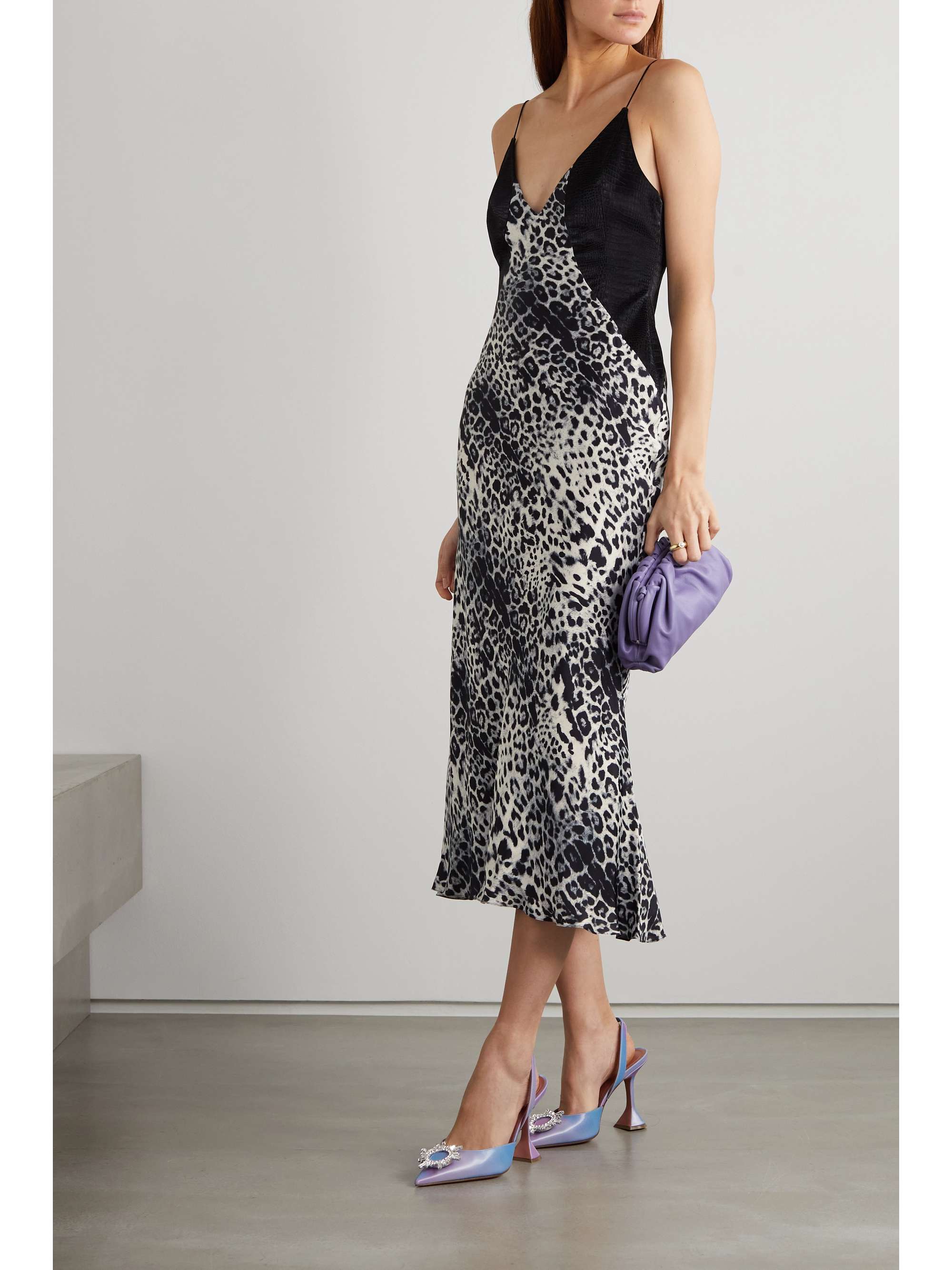 HALPERN Croc-effect faux leather and leopard-print satin midi dress