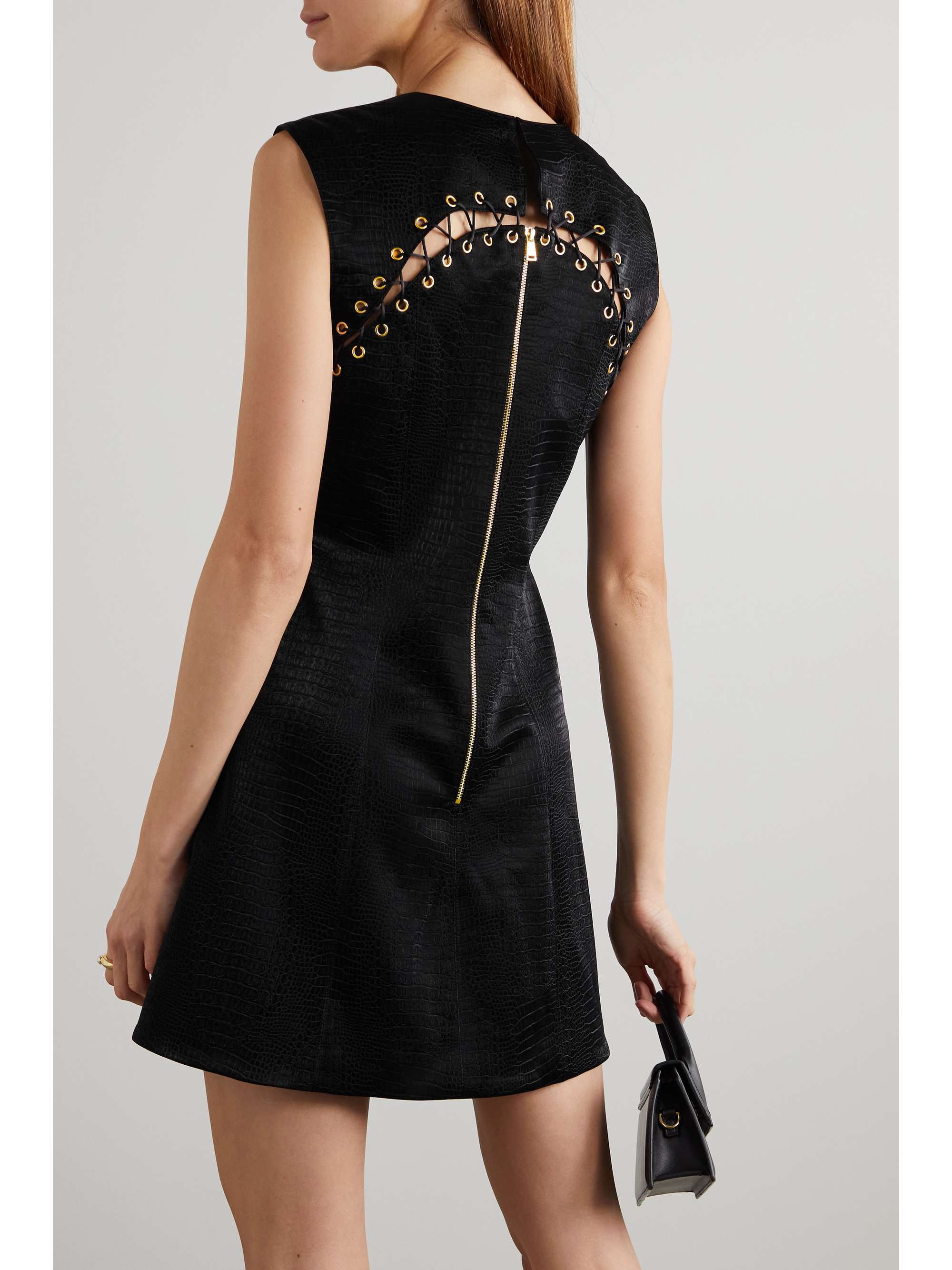 HALPERN Lace-up croc-effect faux leather mini dress