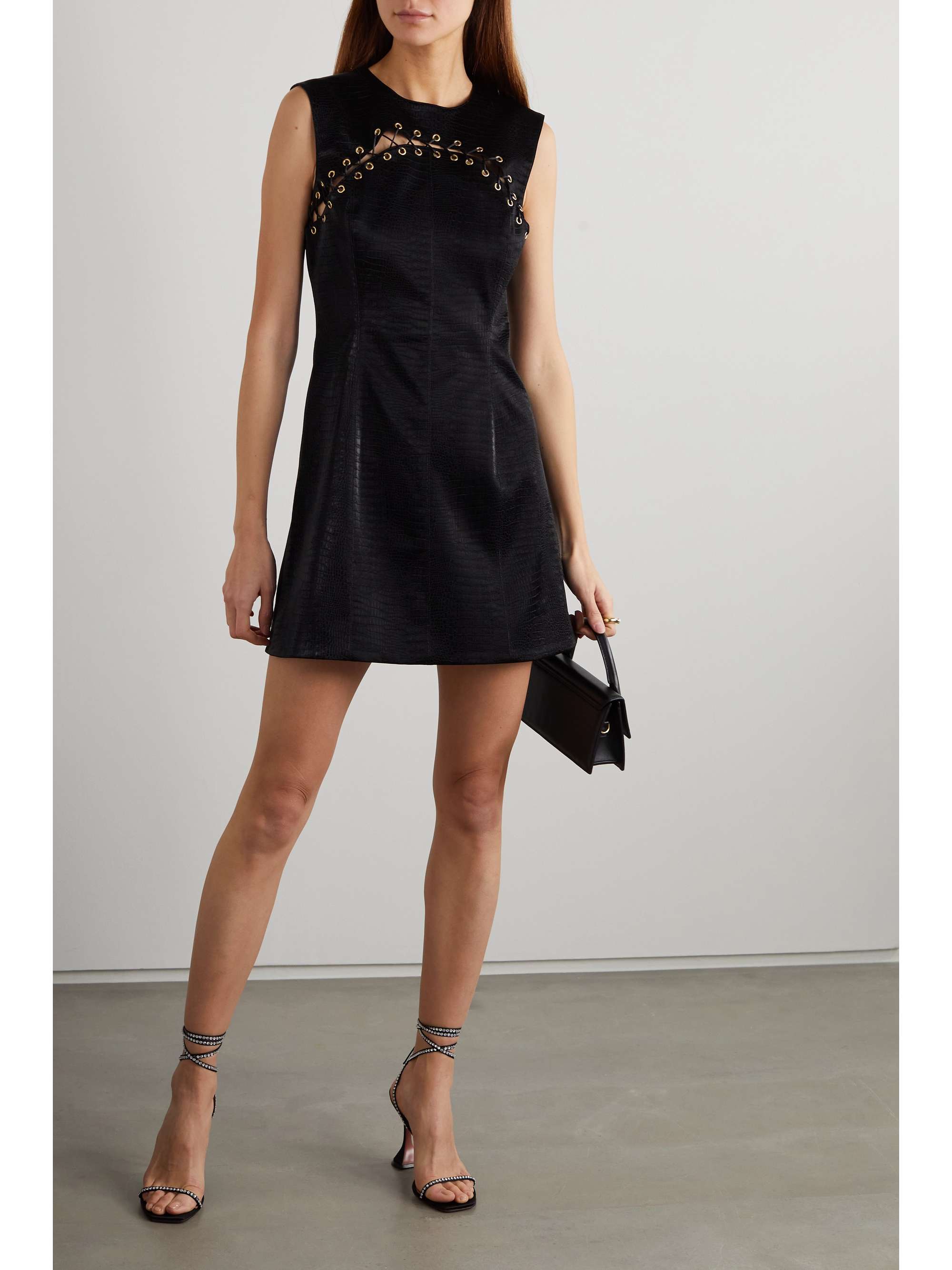 HALPERN Lace-up croc-effect faux leather mini dress