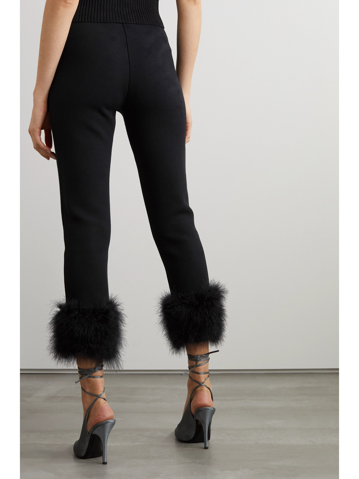 Magda Butrym Feather-trimmed Cropped Knitted Slim-leg Pants In Black