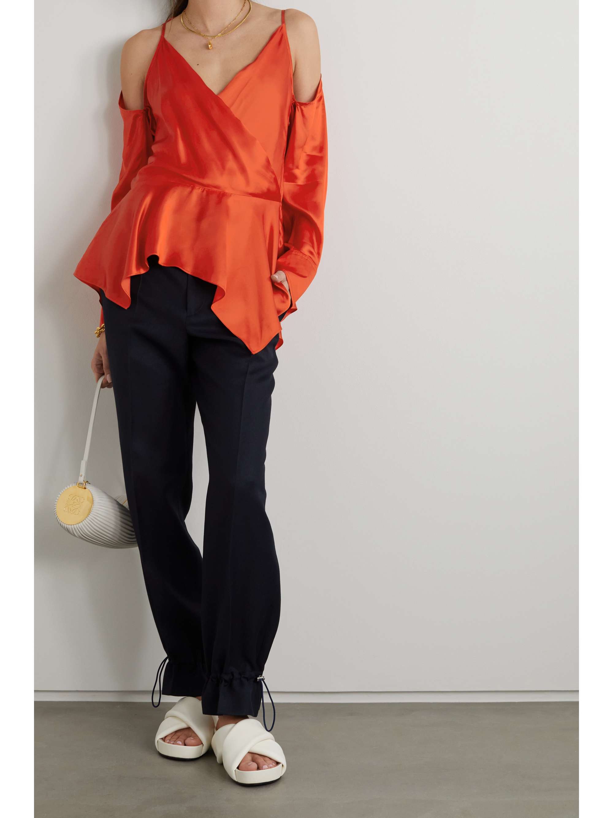 JW ANDERSON Cold-shoulder asymmetric wrap-effect satin blouse | NET-A-PORTER