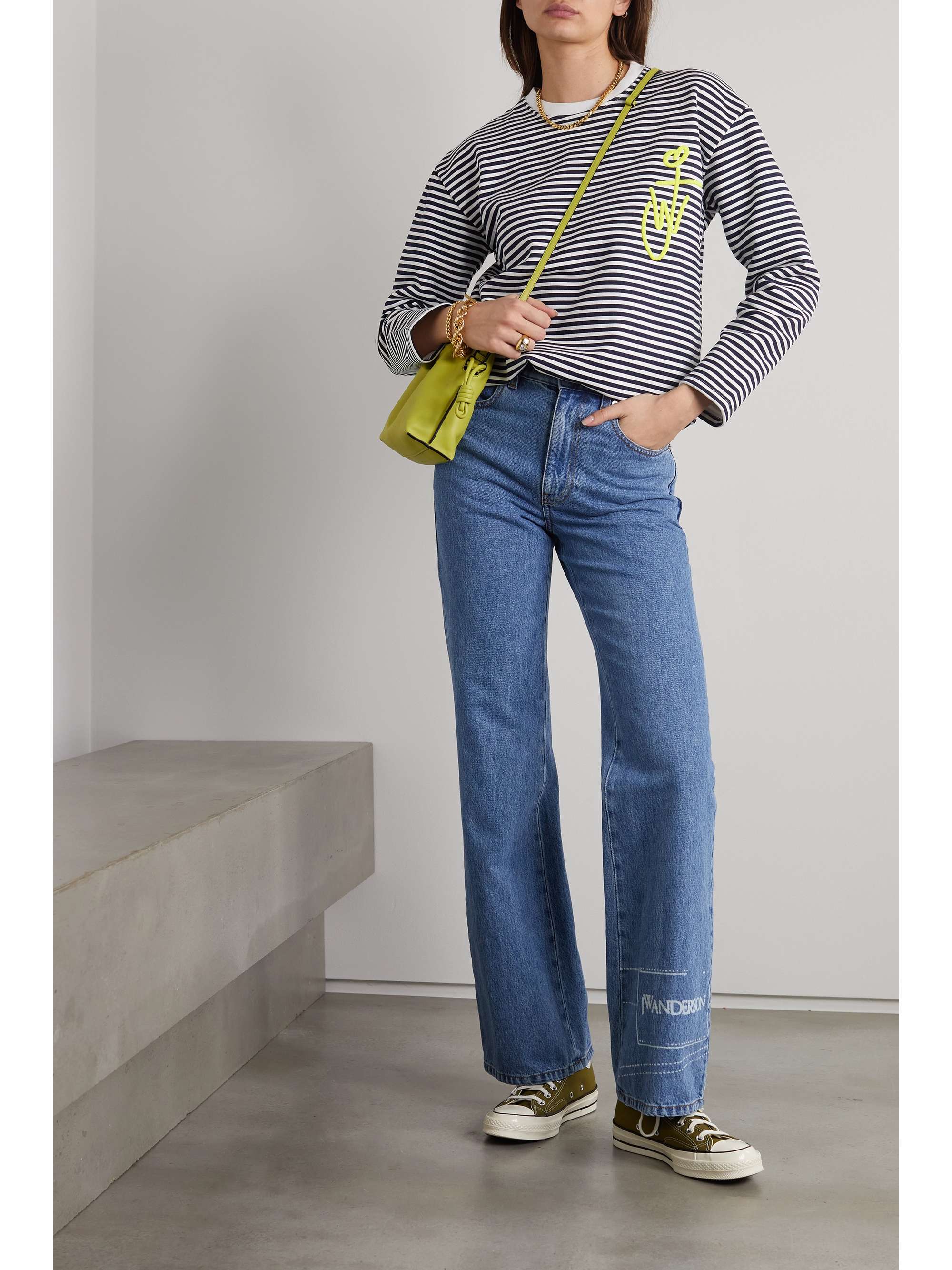 Black Embroidered striped cotton-jersey 