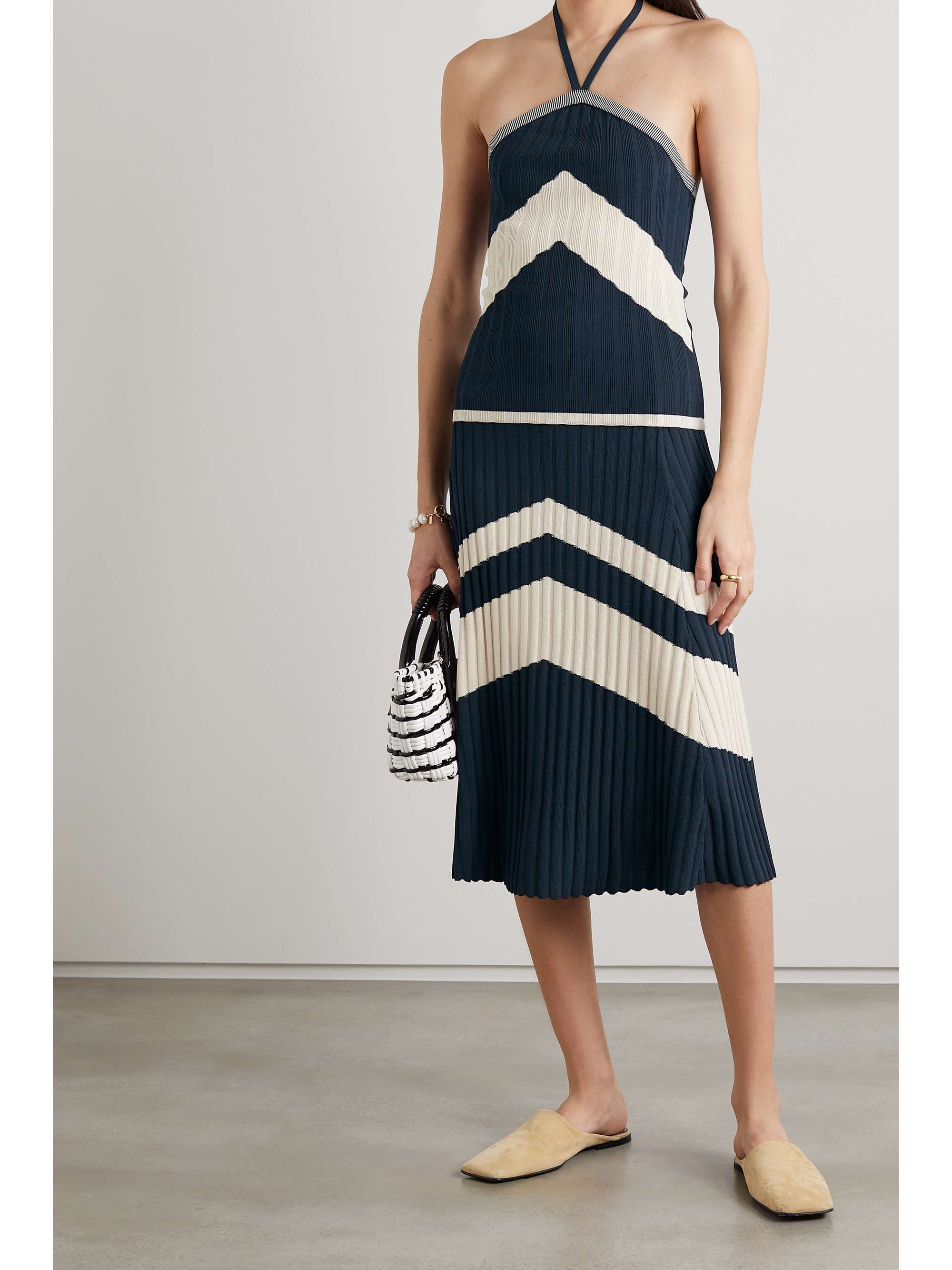 Star striped ribbed-knit midi skirt