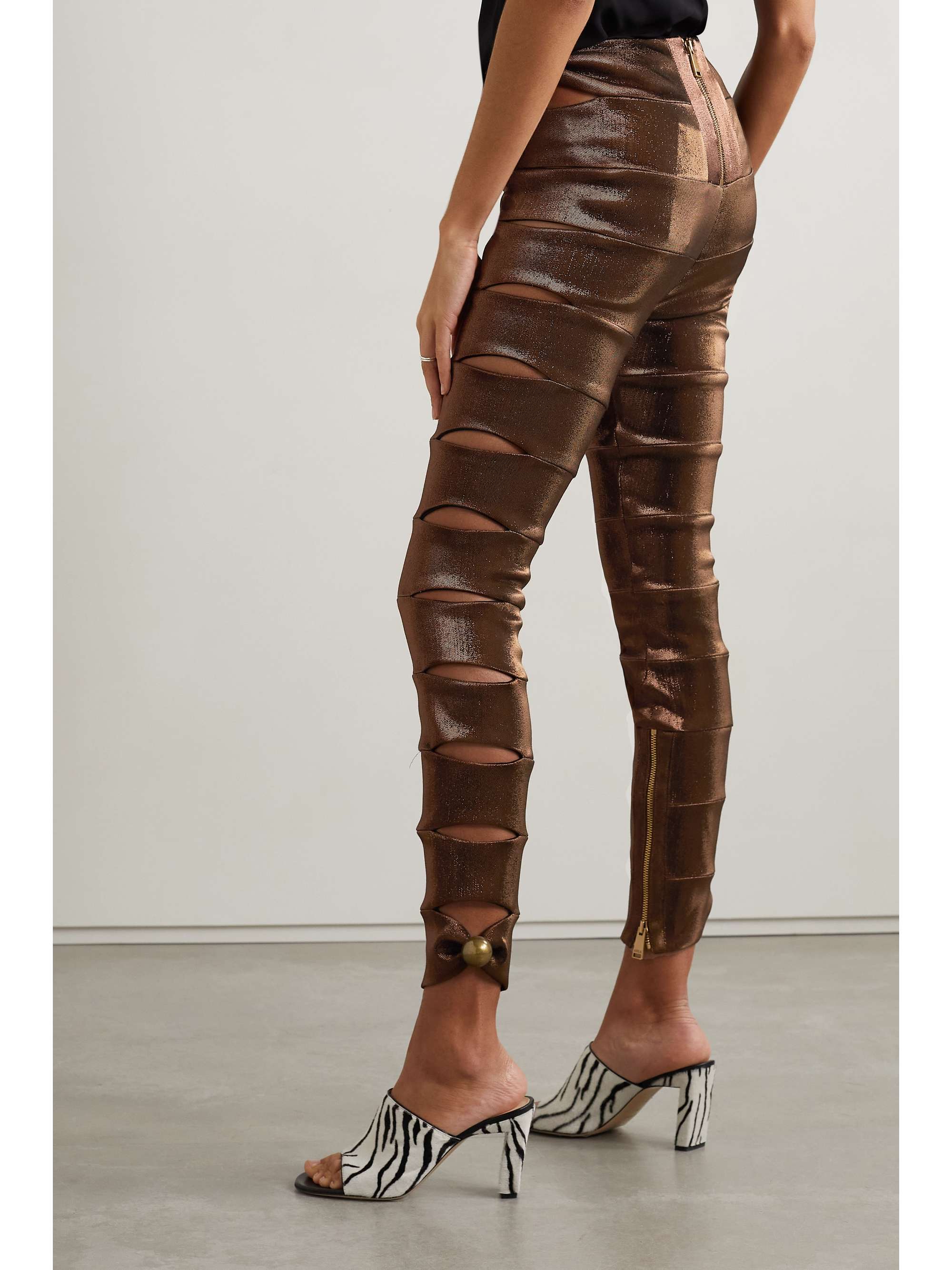 AREA Embellished cutout metallic stretch-twill leggings
