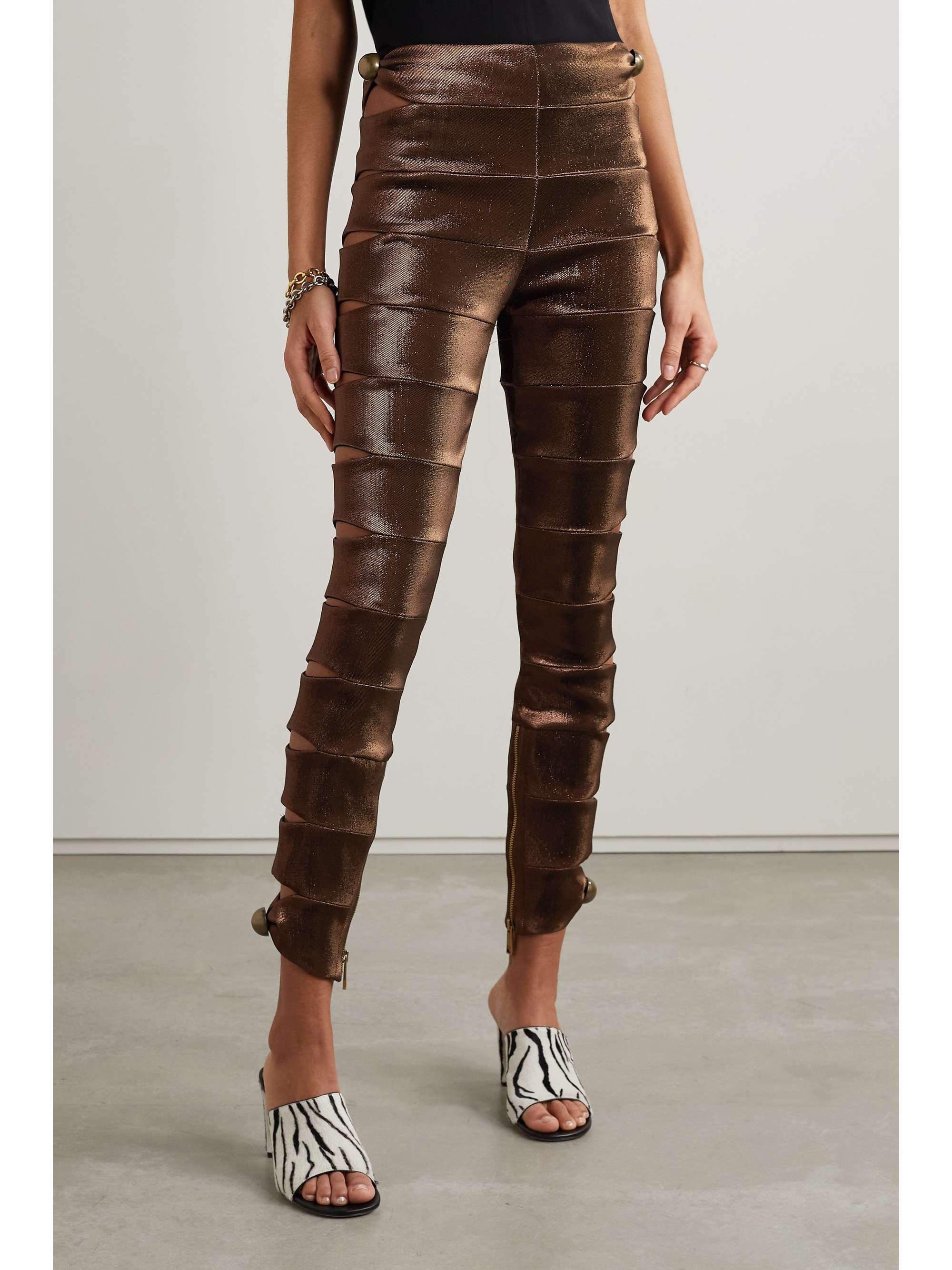 AREA Embellished cutout metallic stretch-twill leggings