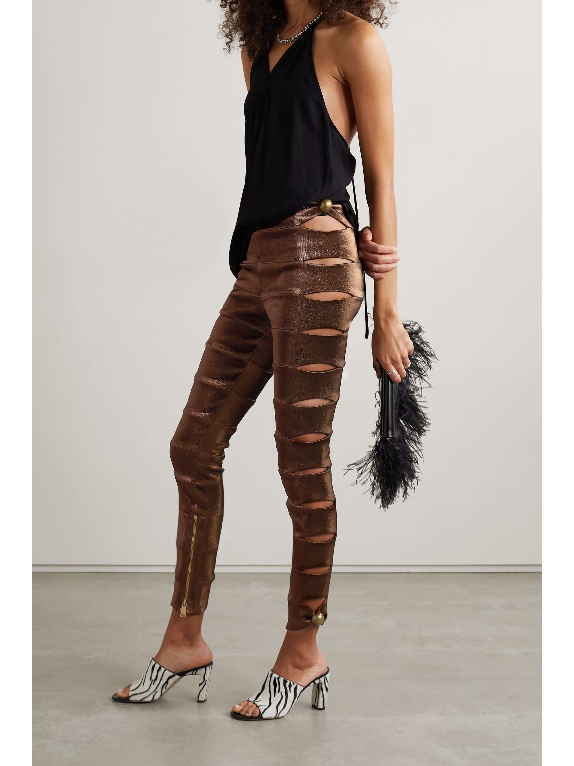 AREA Embellished cutout metallic stretch-twill leggings