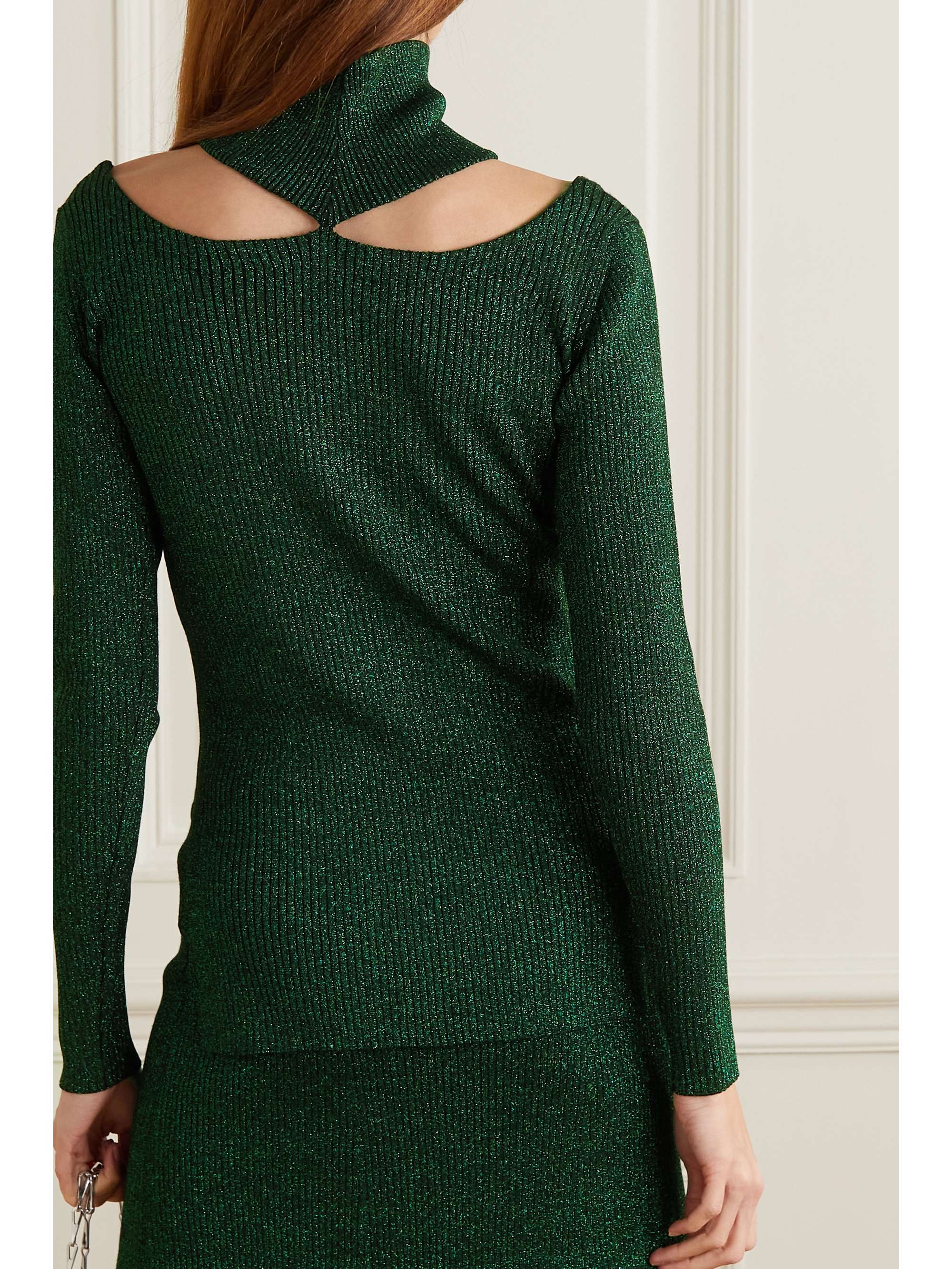 CHRISTOPHER KANE Cold-shoulder ribbed Lurex turtleneck top