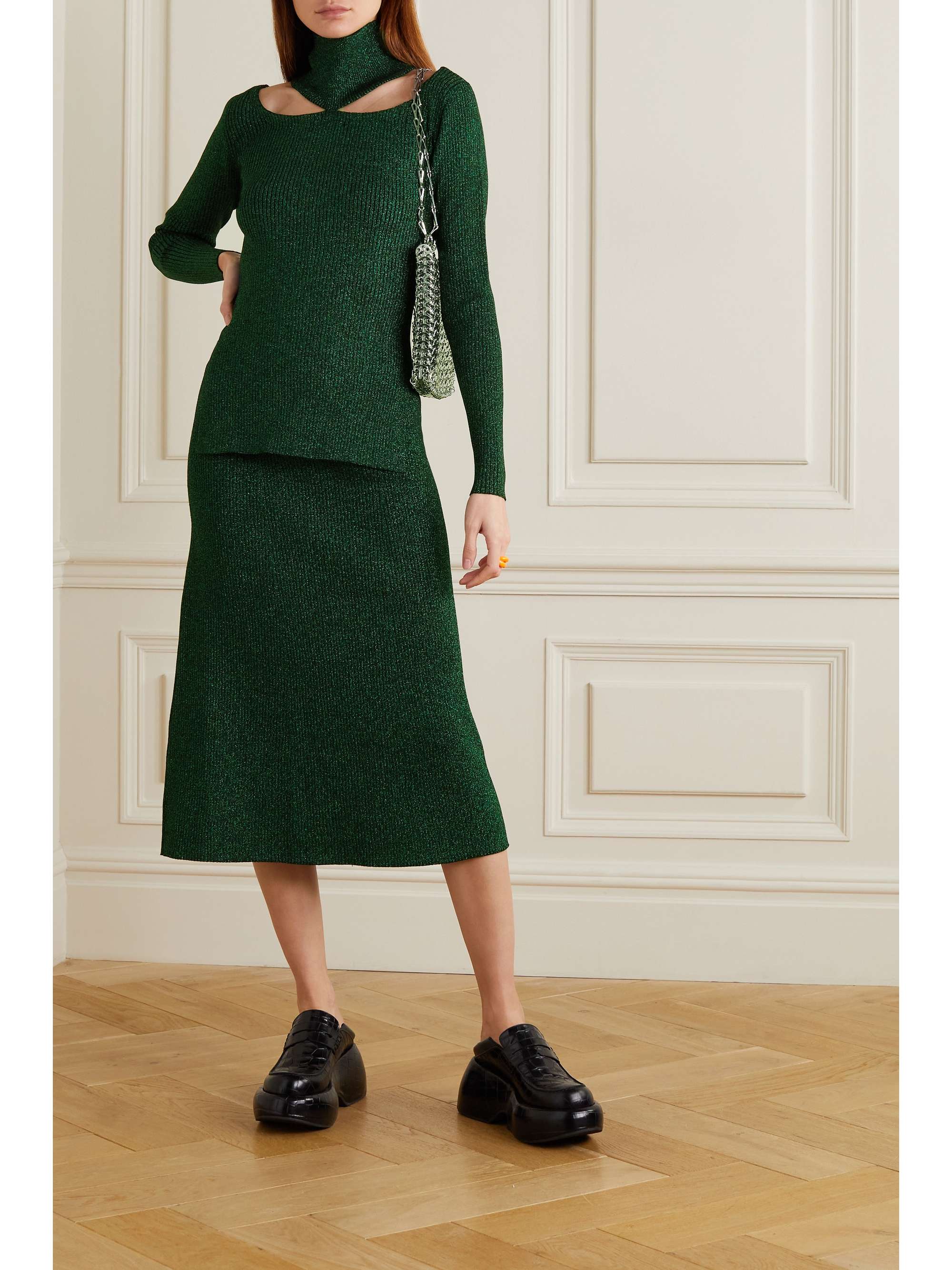 CHRISTOPHER KANE Cold-shoulder ribbed Lurex turtleneck top