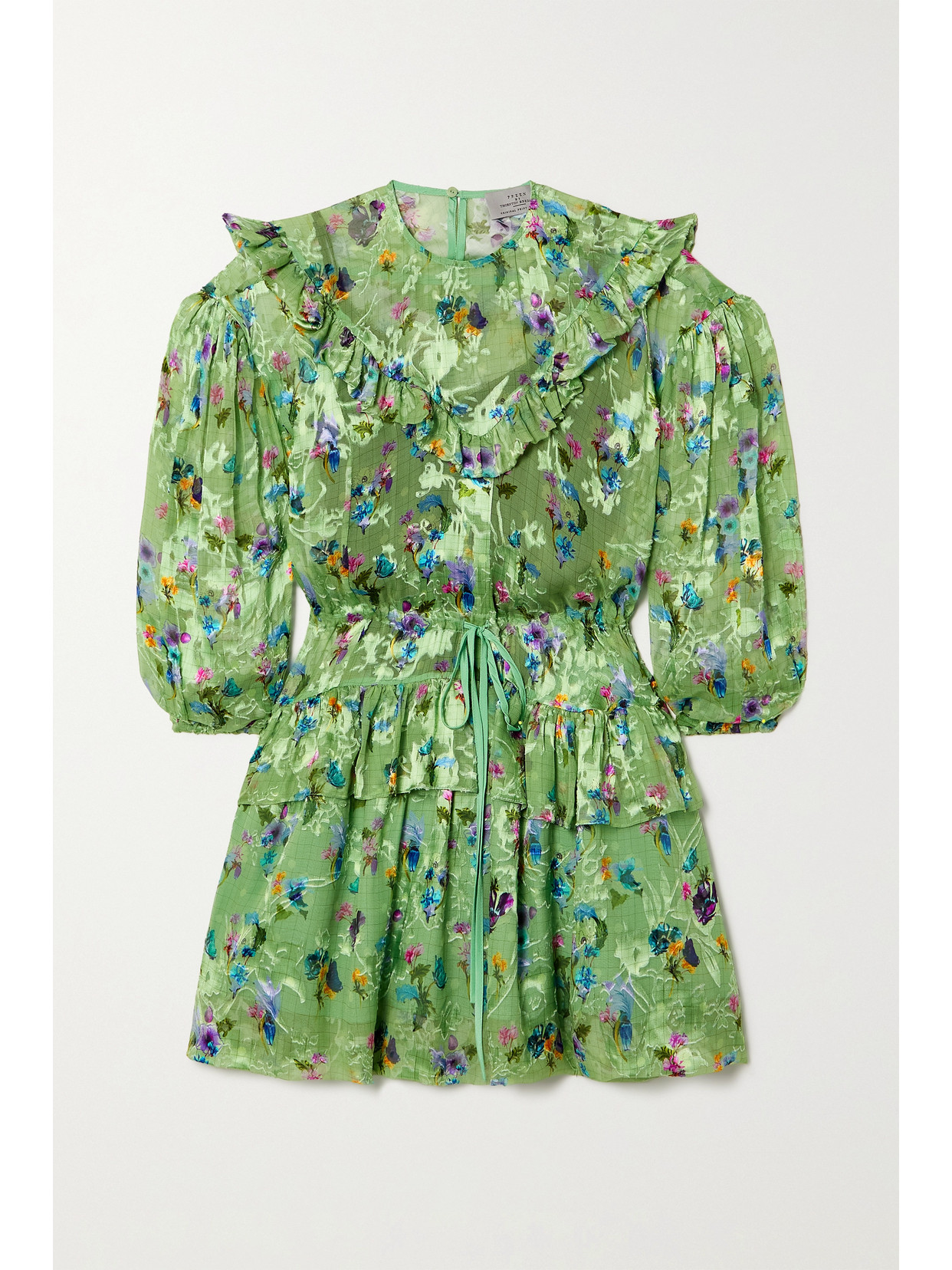 Preen By Thornton Bregazzi Florence Ruffled Floral-print Devoré-satin Mini Dress In Green