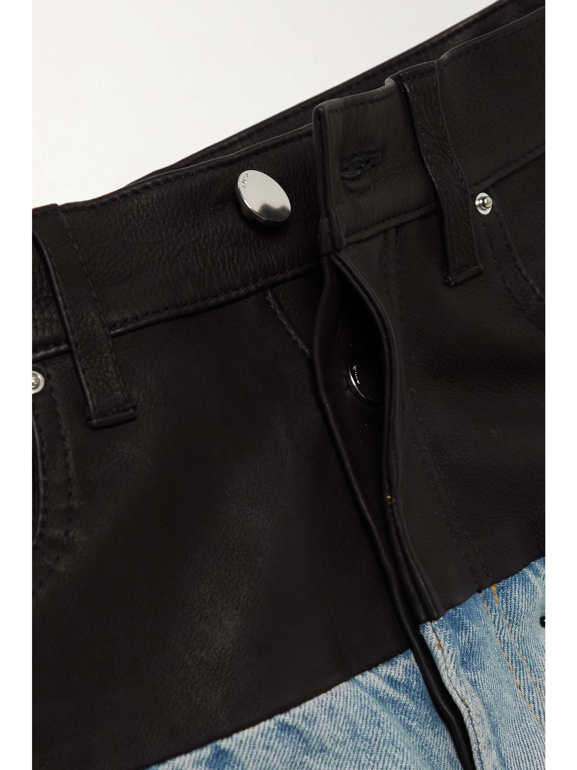 AMIRI Leather-paneled distressed denim high-rise slim-leg jeans