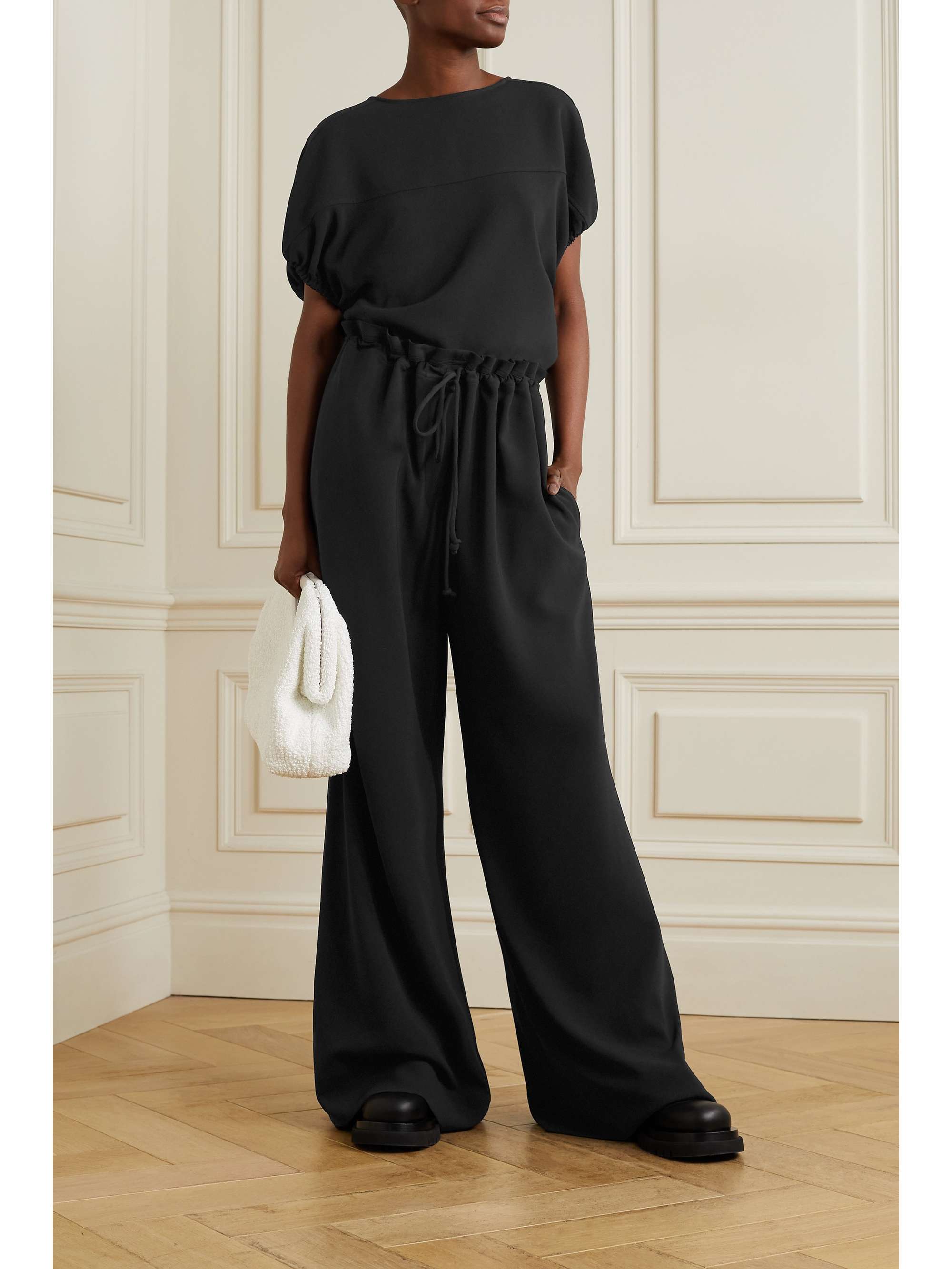Black Gathered crepe wide-leg pants 