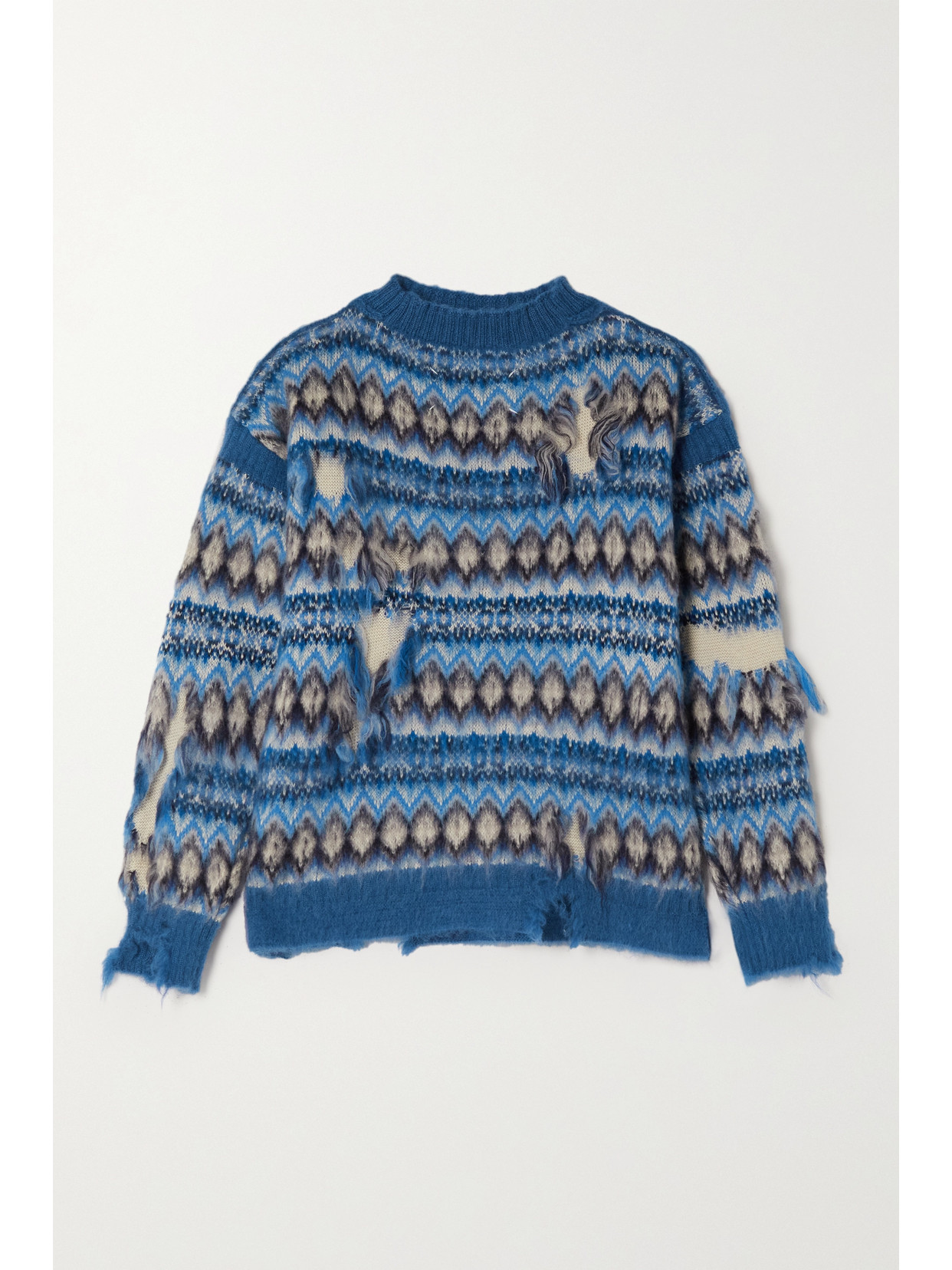 Maison Margiela Distressed Fair Isle Wool And Cotton-blend Sweater In Blue