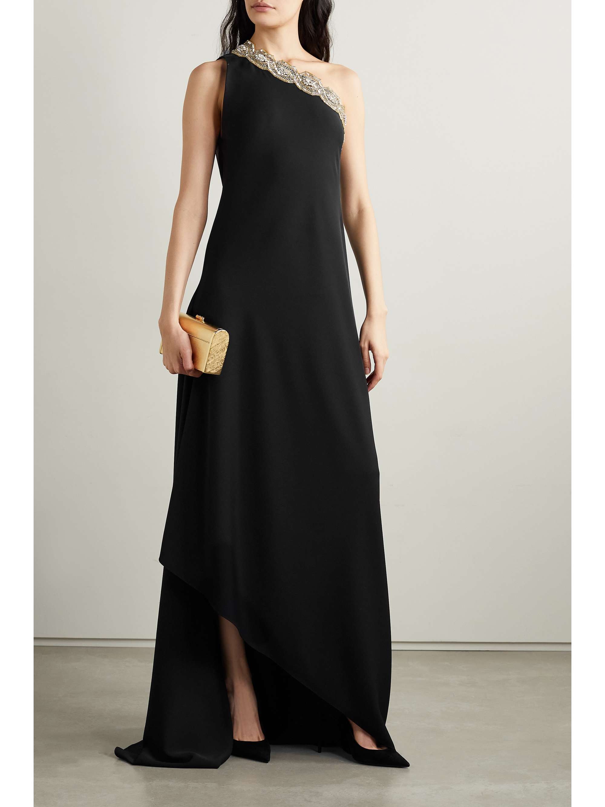 REEM ACRA 单肩带缀饰绉纱礼服
