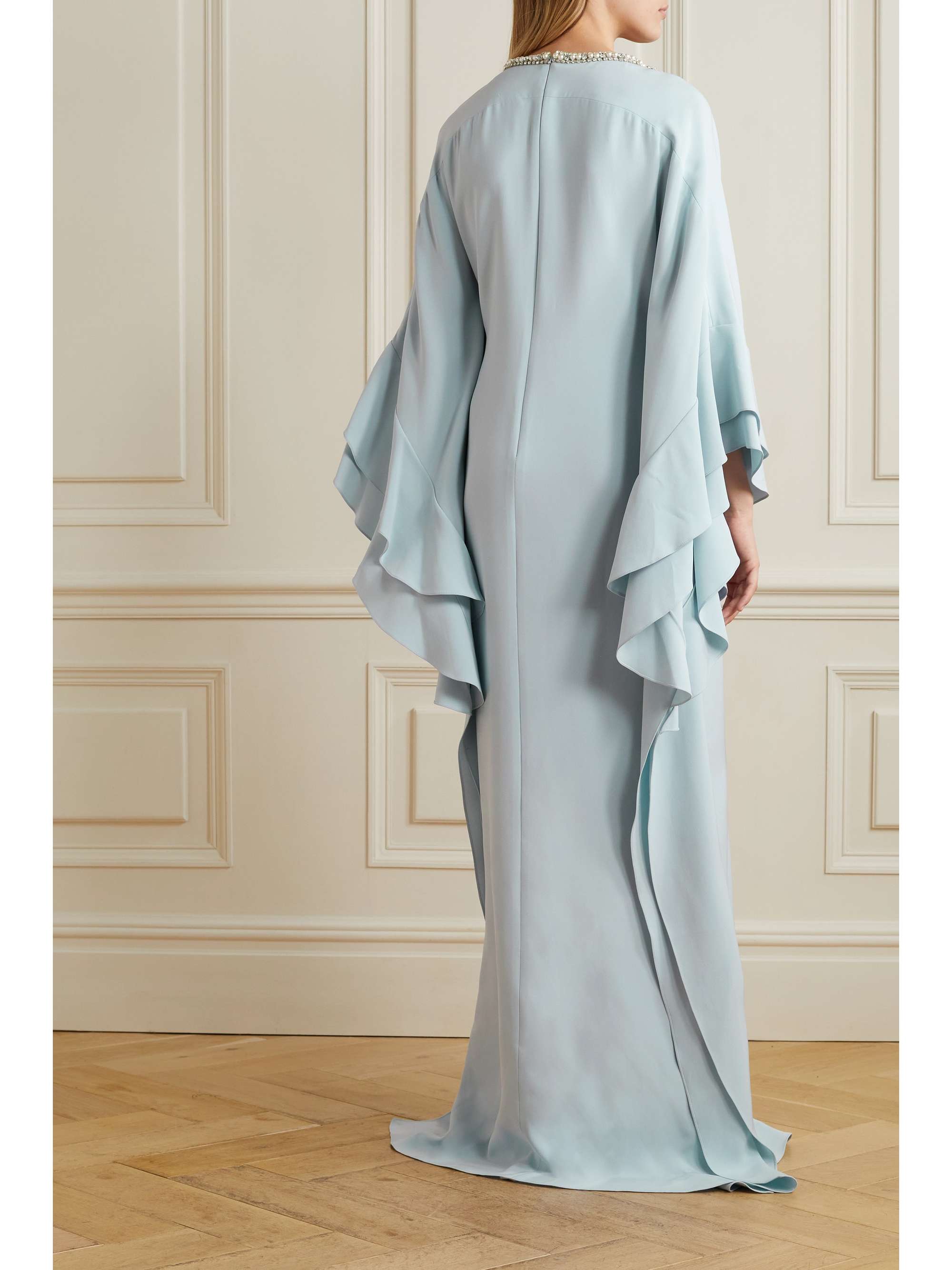 Sky blue Embellished ruffled crepe gown | REEM ACRA | NET-A-PORTER